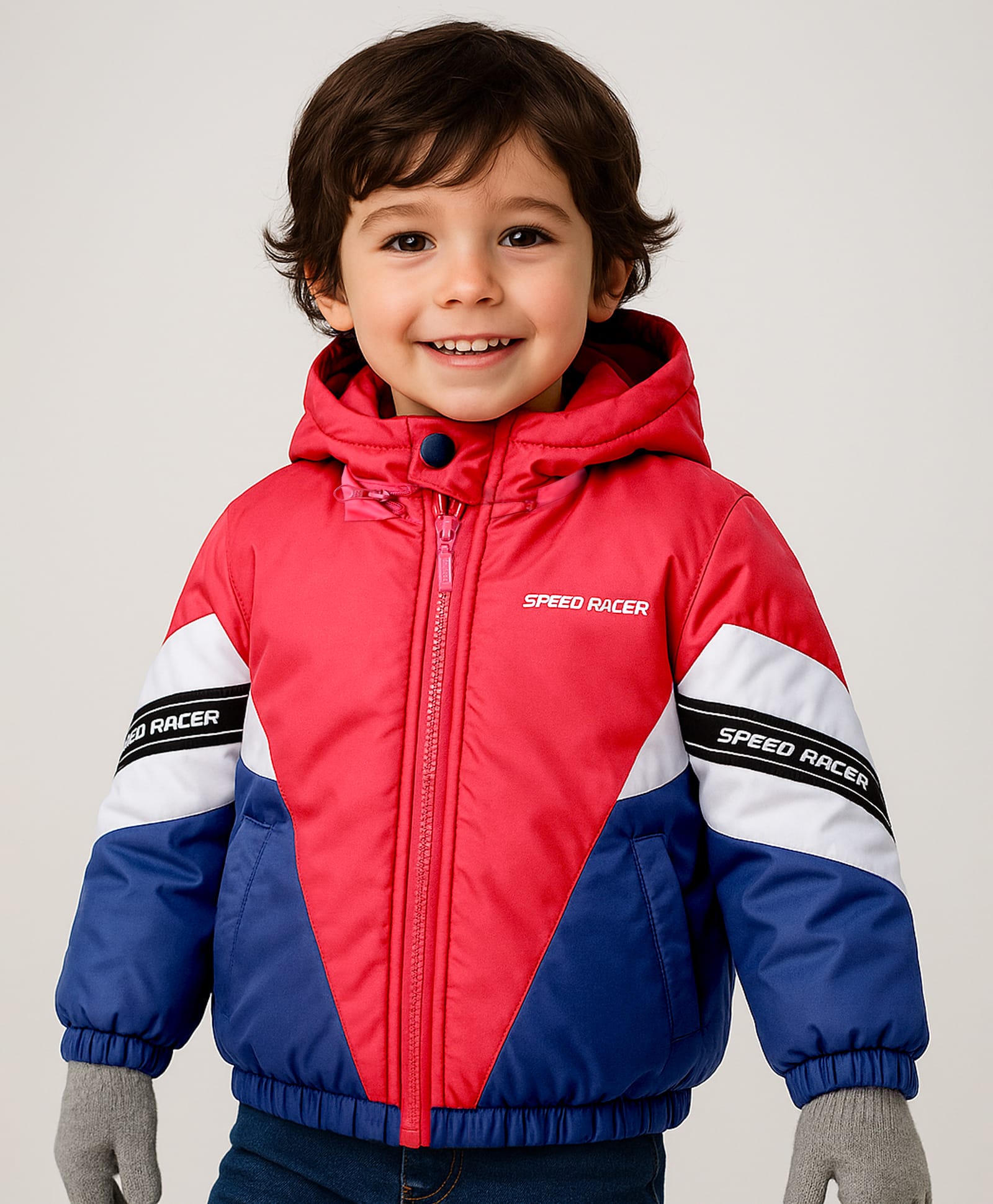 Babyhug Woven Full Sleeves Jacket with Detachable Hood & Text Print - Red & Blue-image-4