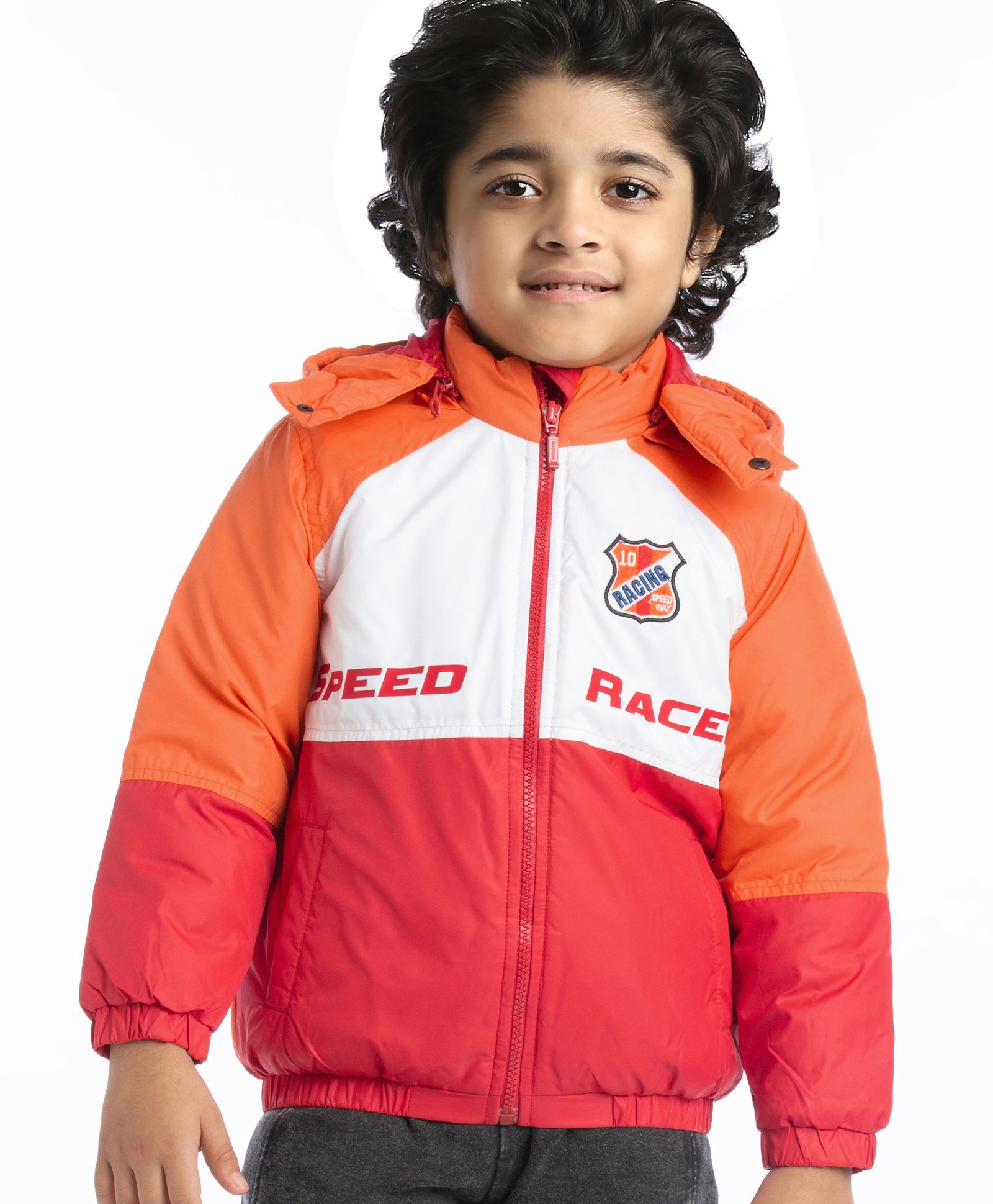 Babyhug Full Sleeves Colour Block & Text Print  Padded Jacket with Detachable Hood - Orange & Red-picture-26