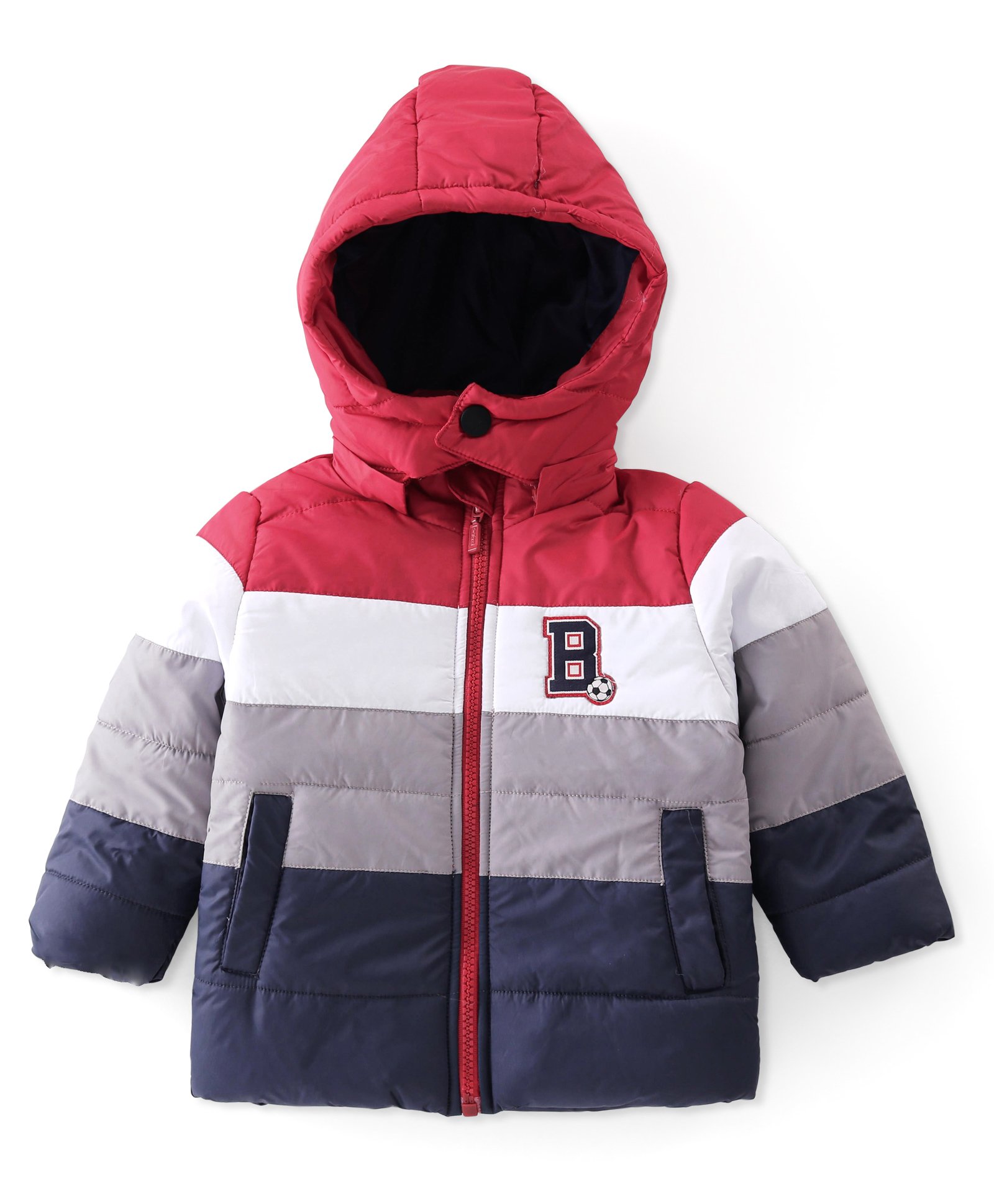 Babyhug Full Sleeves Striped Padded Jacket With Pockets & Detachable Hood - Red & White-image-28