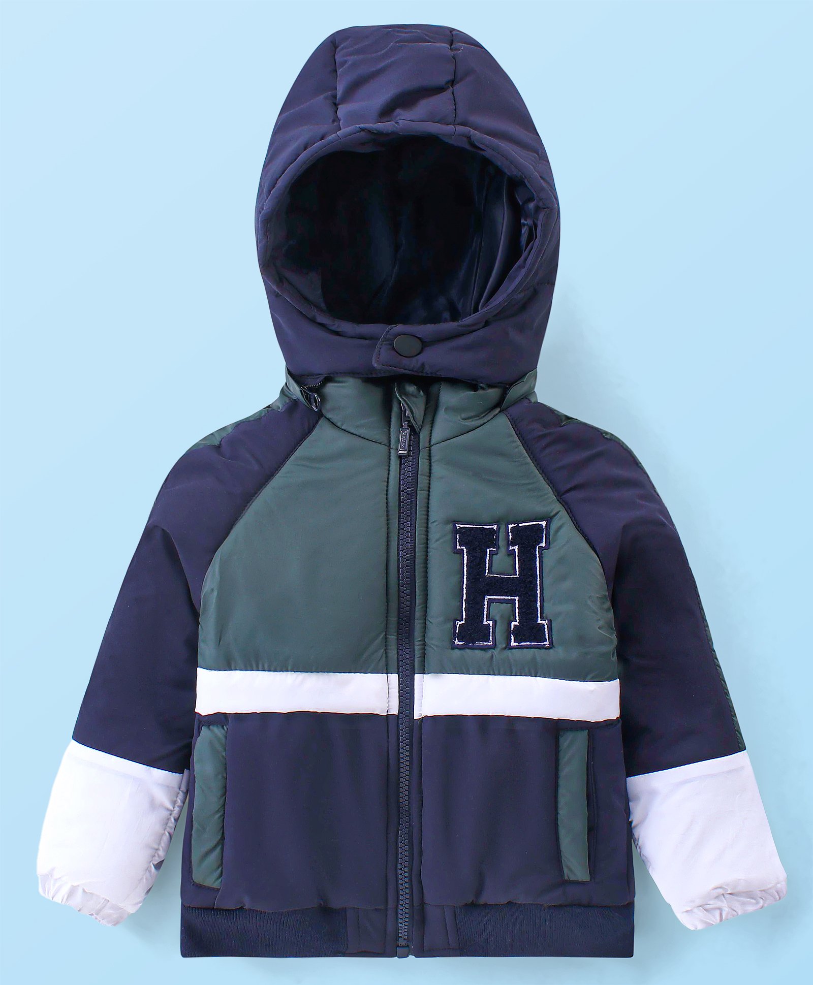 Babyhug Woven Full Raglan Sleeves Front Open Padded Hoooded Jacket With Detachable Hood Colour Block Design & Patch Detailing - Navy Blue-image-38