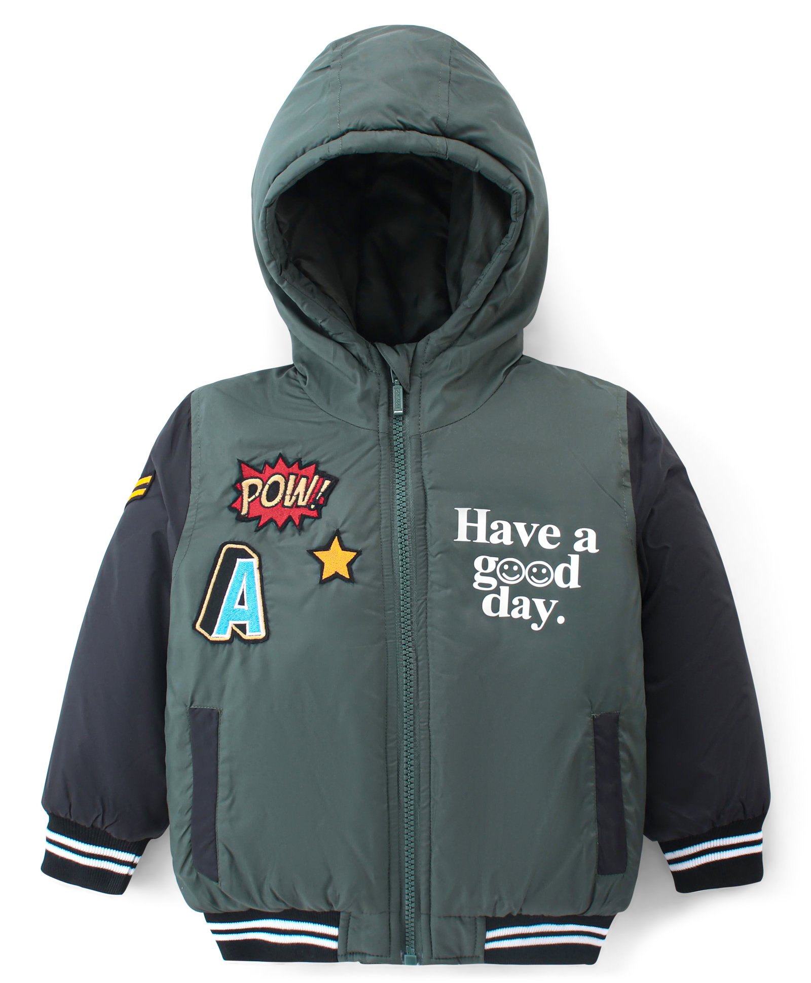 Babyhug Woven Full Sleeves Padded Hooded Jacket With Text Print & Embroidery - Green & Black-image-21