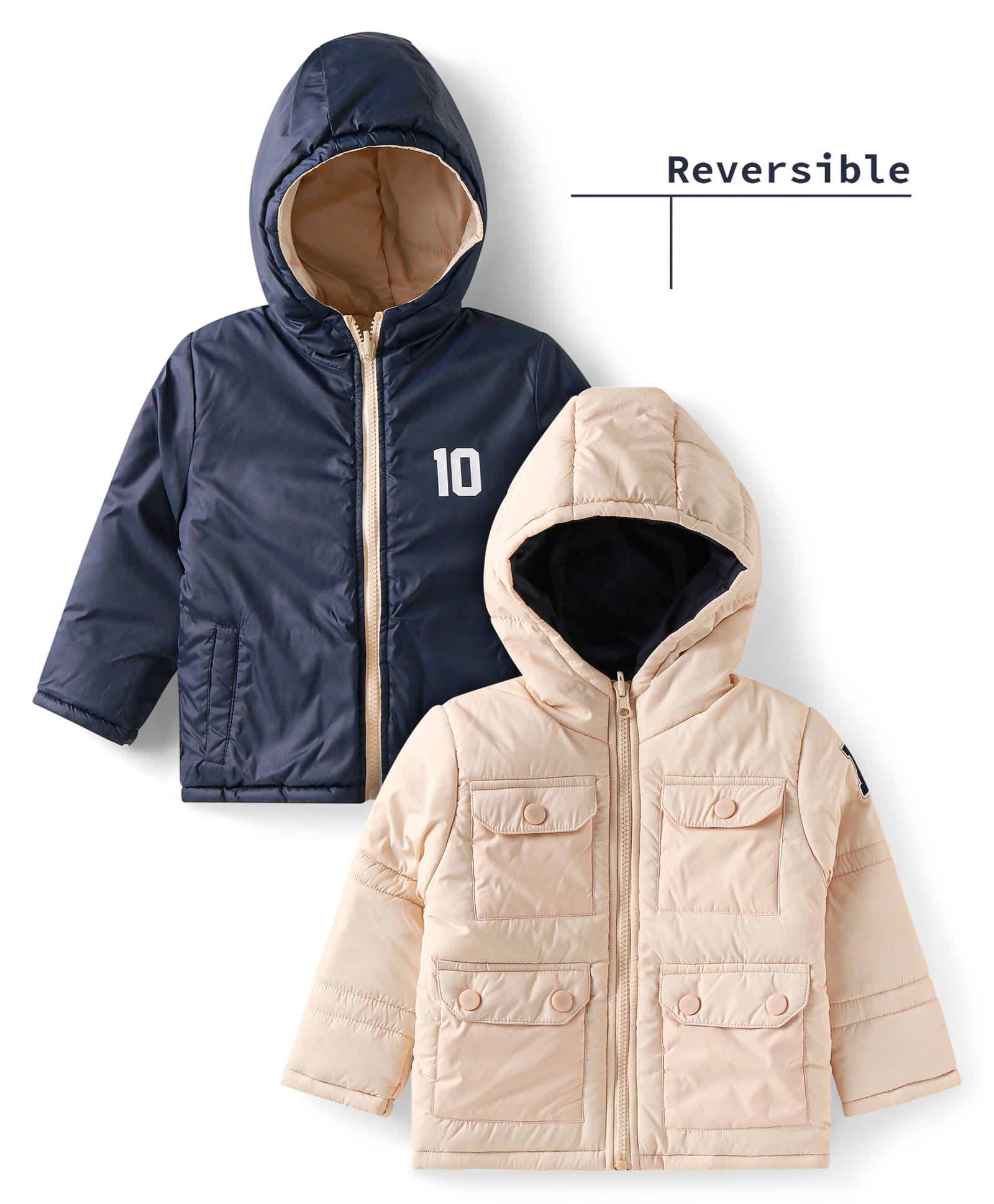 Babyhug Woven Full Sleeves Front Open Padded Hooded Reversible Jacket With Solid Colour - Beige-picture-29