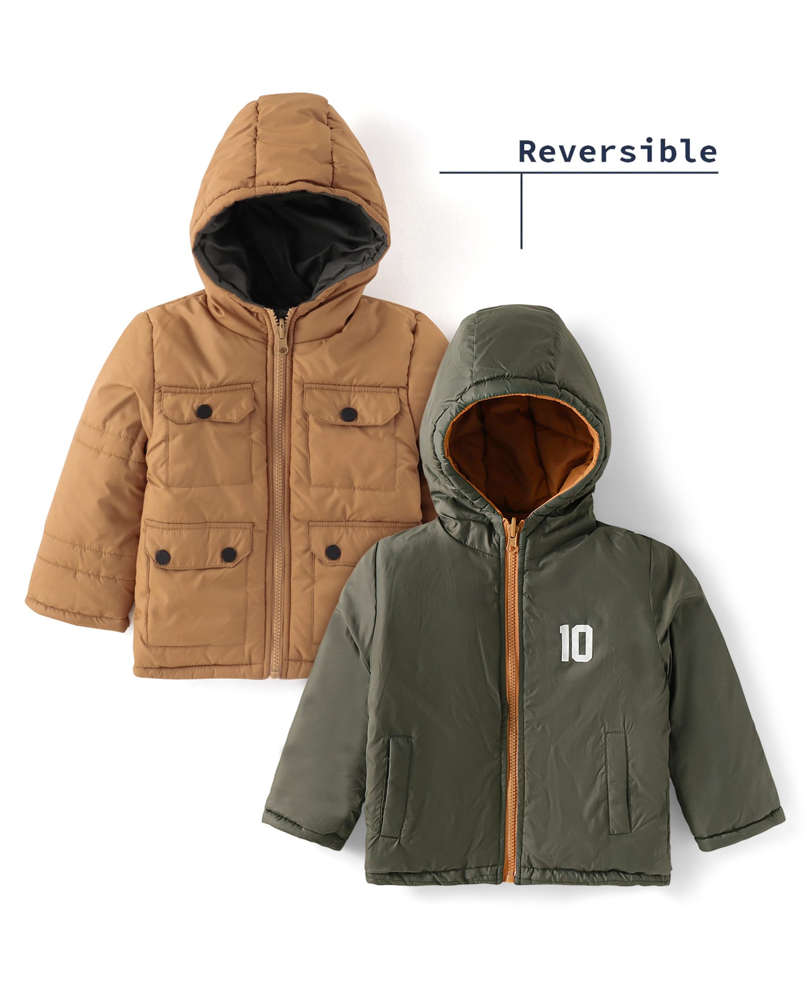 Babyhug Woven Full Sleeves Front Open Padded Hooded Reversible Jacket With Solid Colour - Brown-picture-33