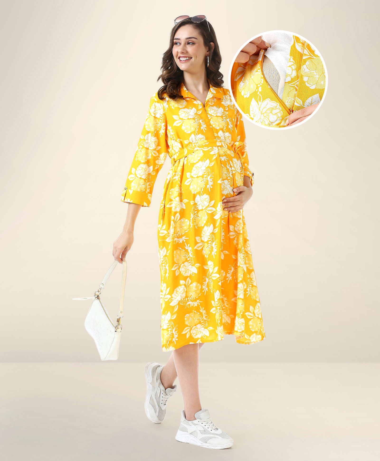 Bella Mama Woven Three Fourth Sleeves Maternity Dress with Side Pocket Floral Print - Yellow-image-49