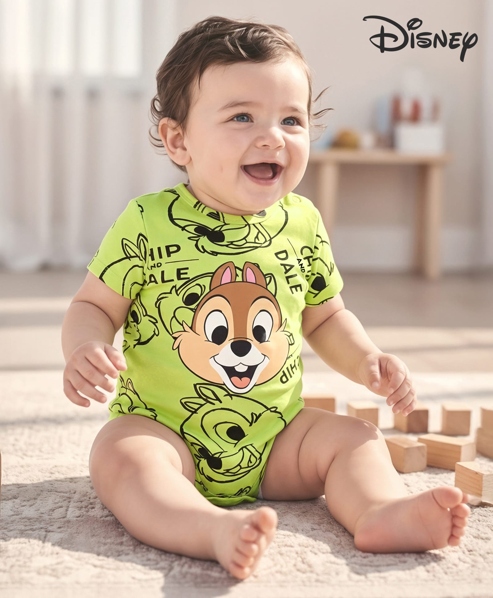 Babyhug Disney Interlock Knit Half Sleeves Onesie with Chip N Dale Print - Lime Green-image-28