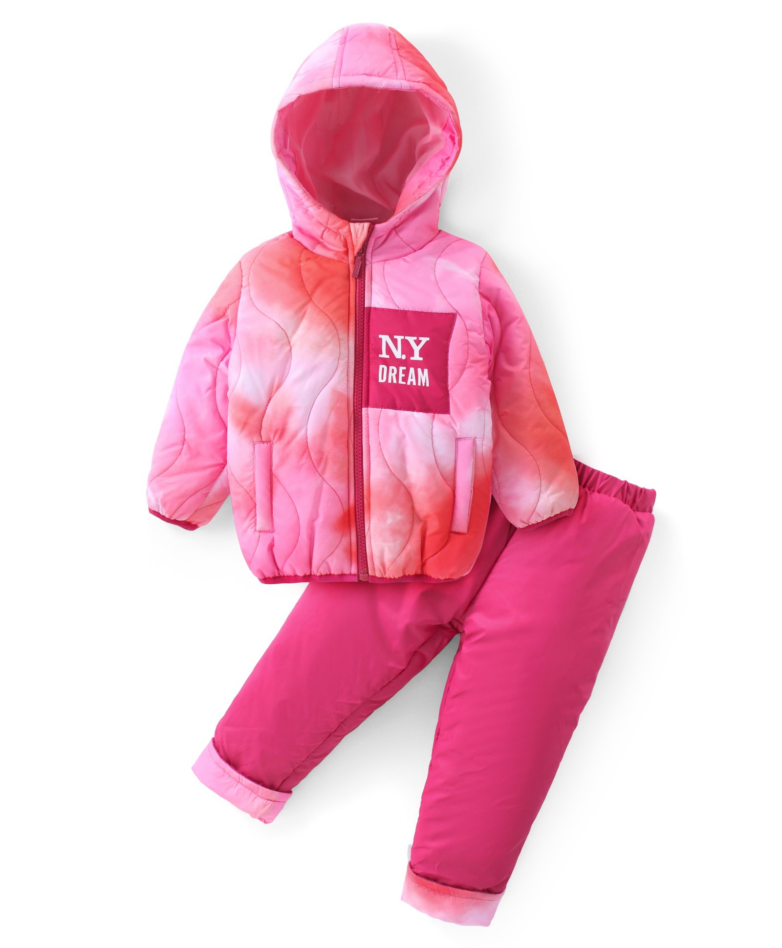 Babyhug Full Sleeves Hooded Front Zipper Padded Winter Wear Suit With Tie & Dye Design & Text Print - Pink-image-43