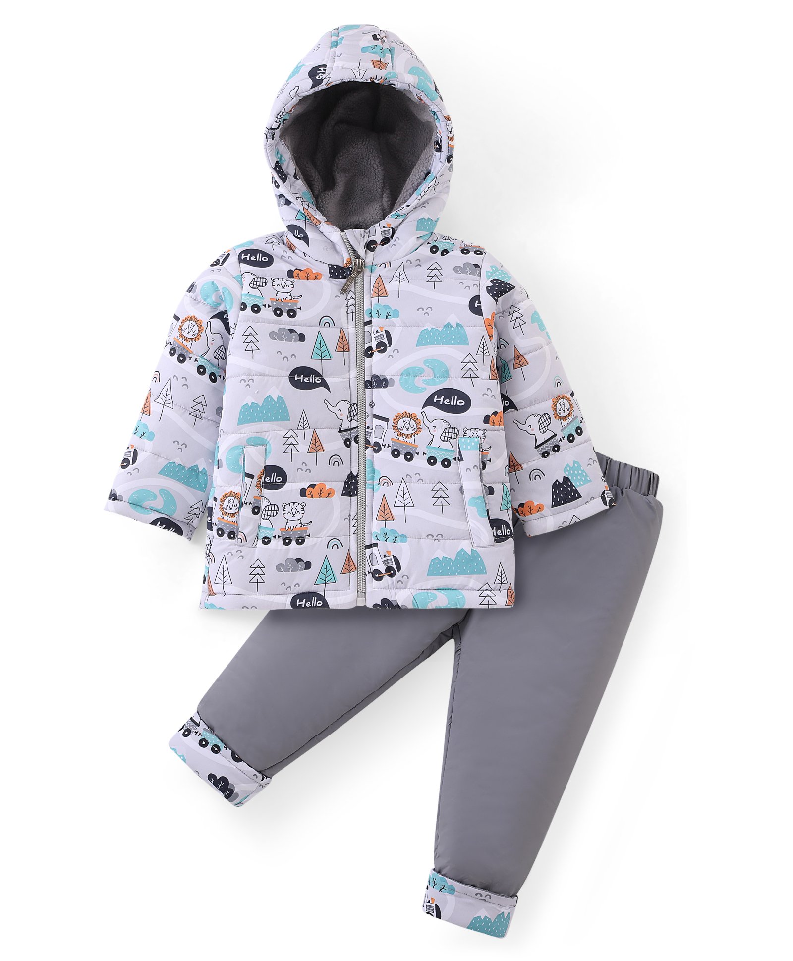 Babyhug Full Sleeves Front Zipper Hooded Winter Wear Suit With Animals Print - Grey-image-38