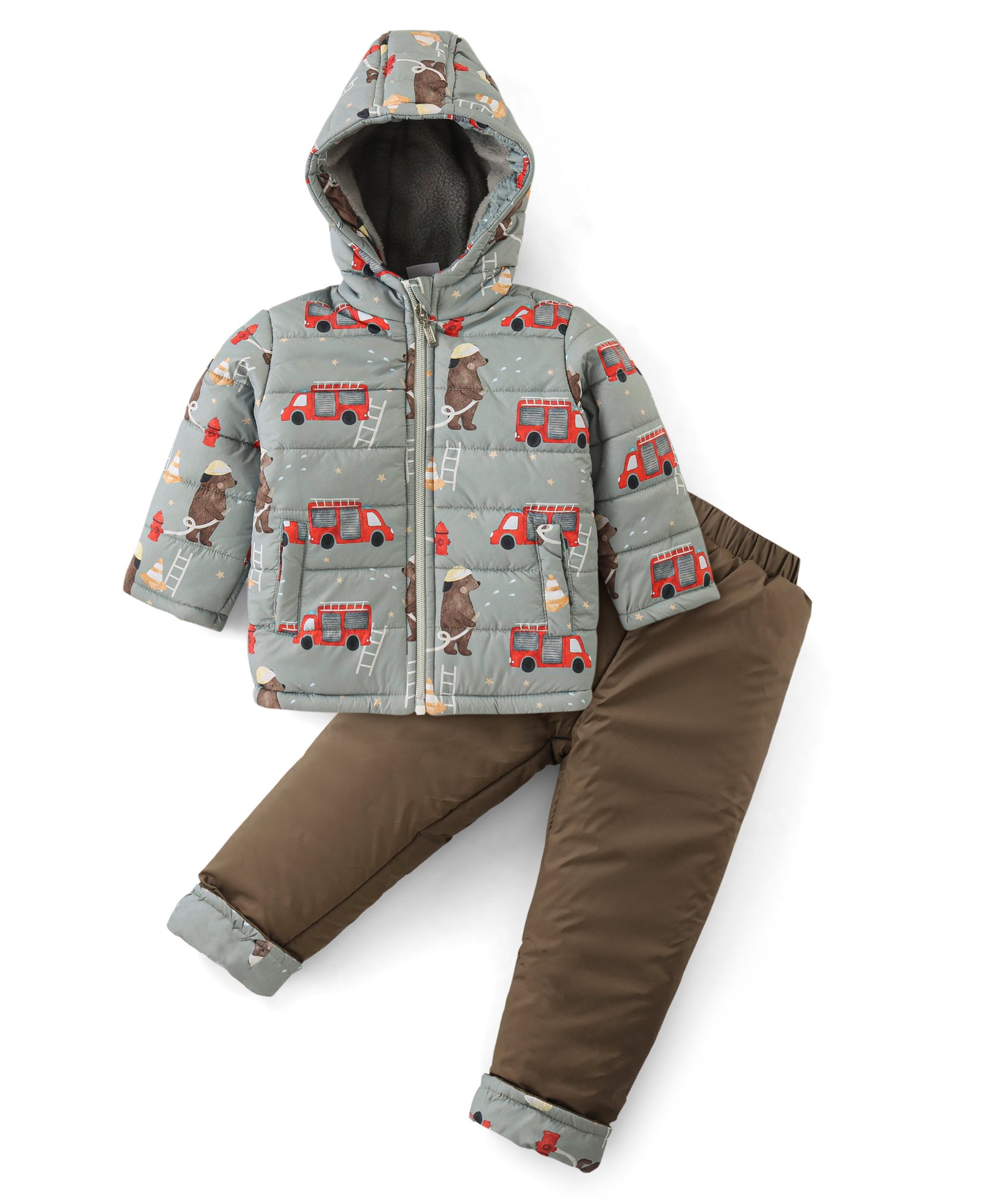 Babyhug Full Sleeves Hooded Front Zipper Winter Wear Suit With Animal & Vehicles Print - Grey-image-47