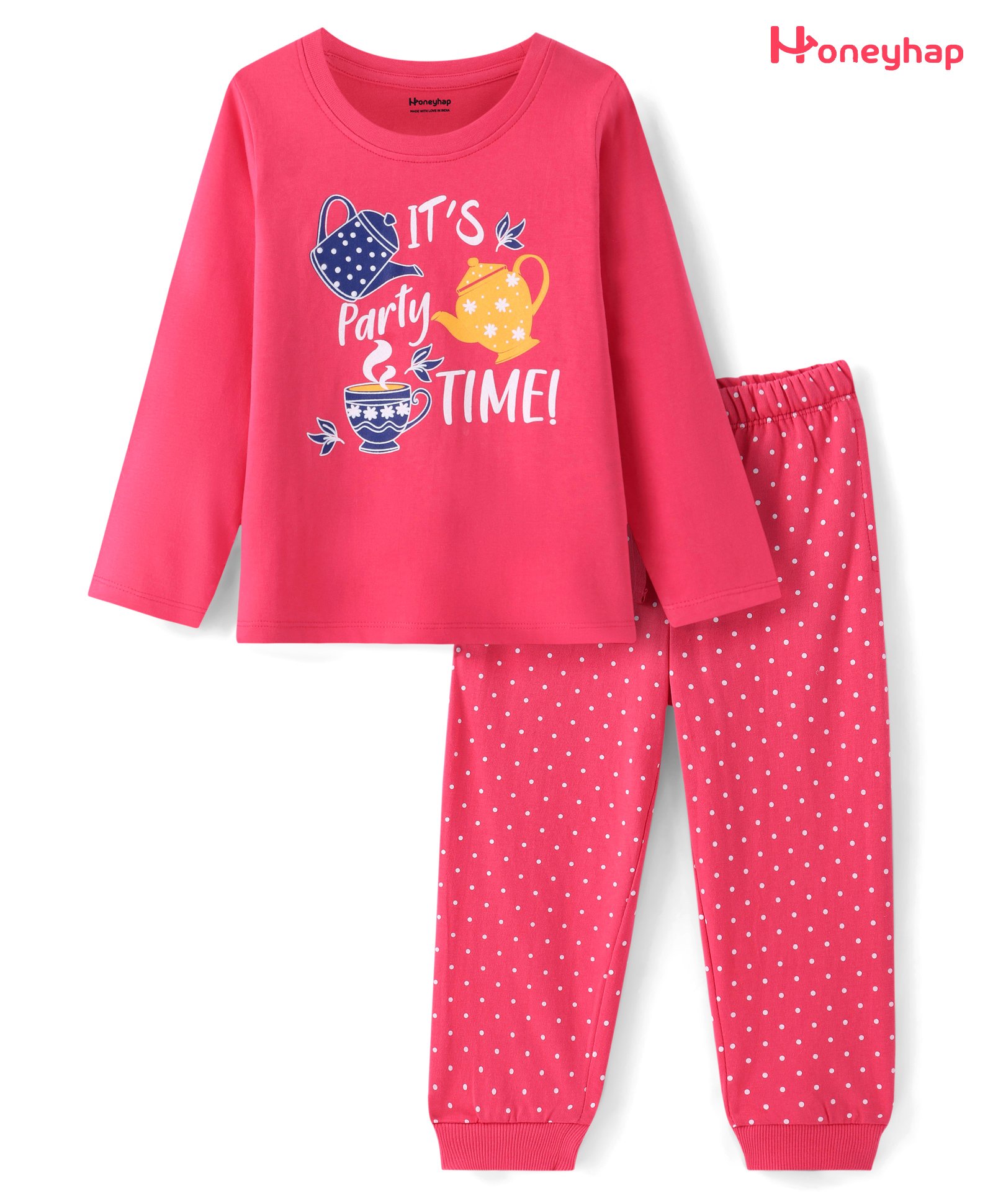 Honeyhap Premium 100% Cotton Knit Full Sleeves Night Suit With Text Print - Paradise Pink-image-40