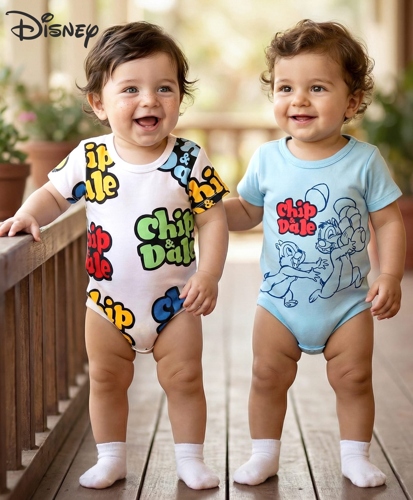 Babyhug Disney Interlock Knit Half Sleeves Onesies With Chip'n Dale Graphics Pack of 2 - White & Sky Blue-image-46