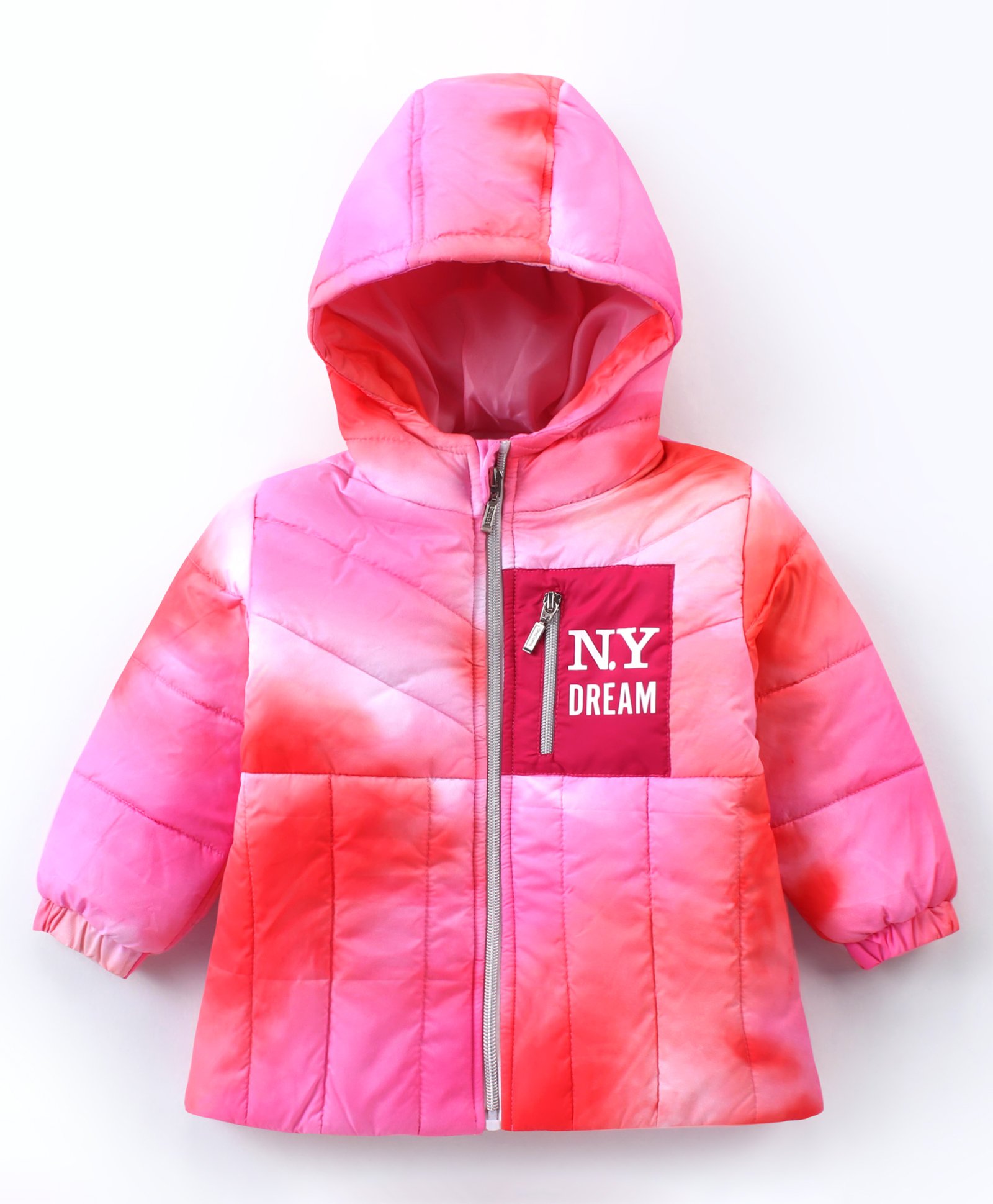 Babyhug Full Sleeves Front Open Padded Hooded Jacket with Tie & Dye Design & Text Print Detailing - Pink-image-18