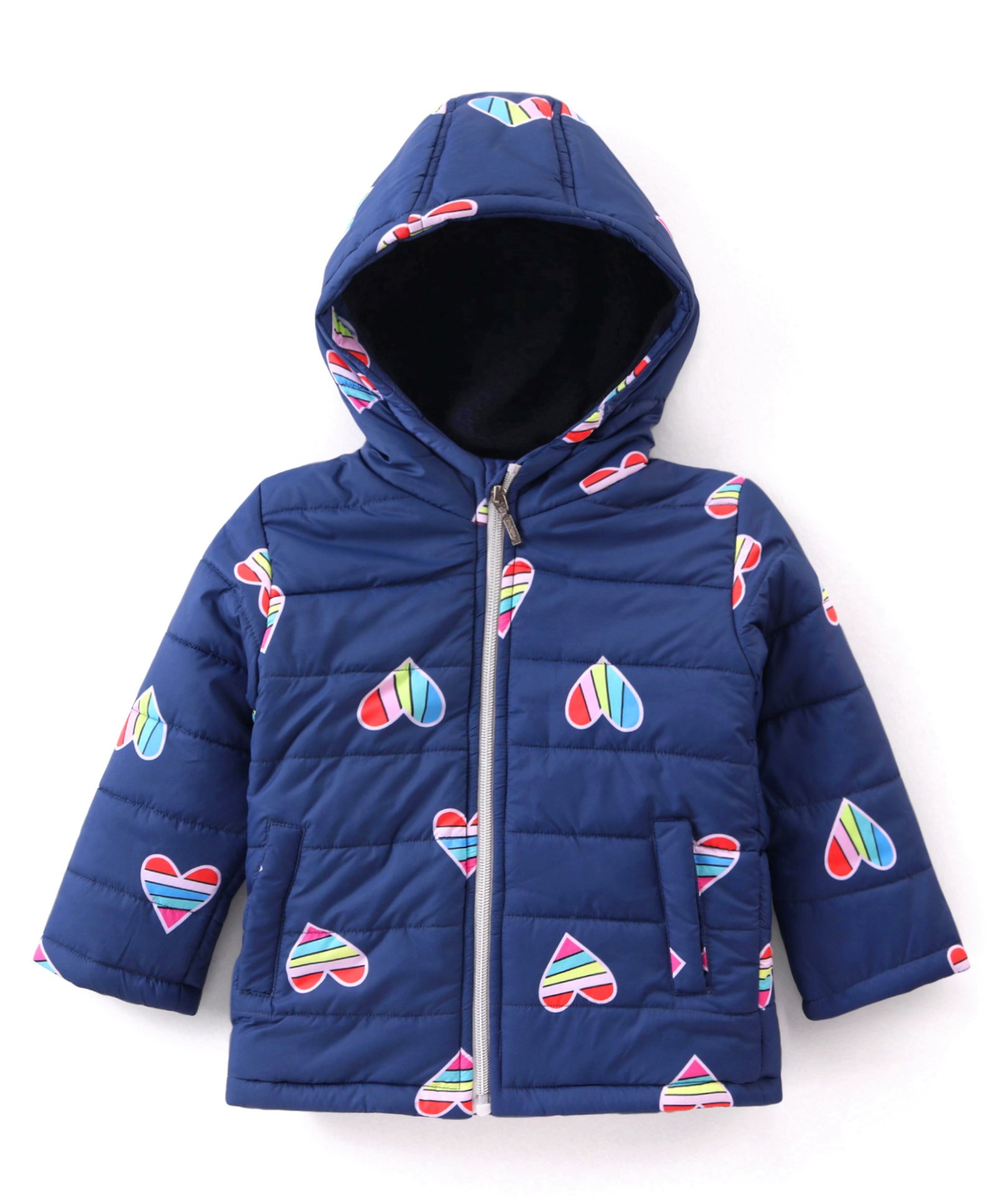 Babyhug Full Sleeves Padded Jacket with Hood Hearts Print - Navy Blue-image-11