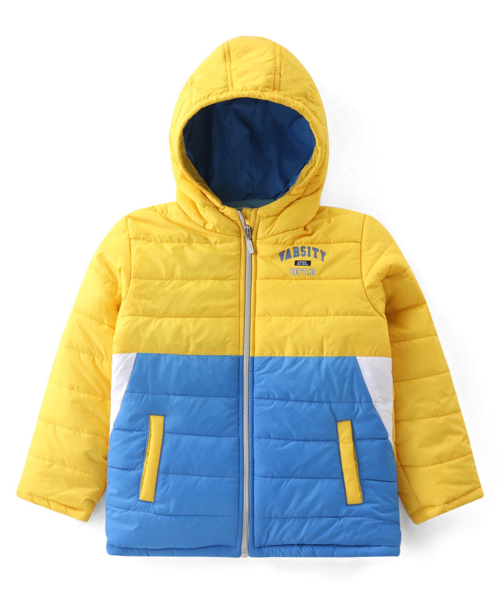 Babyhug Woven Full Sleeves Color Block Padded Hooded Jacket- Yellow & Blue-image-49