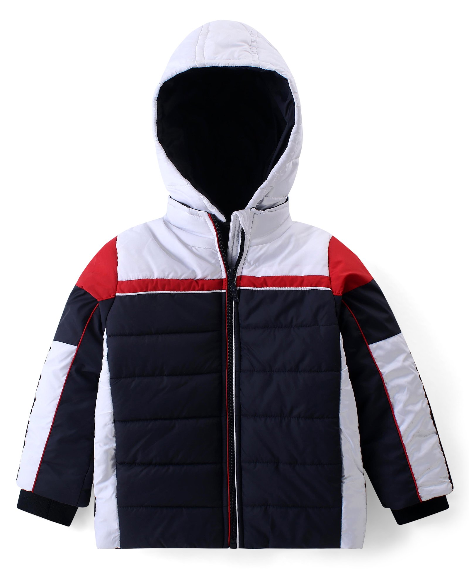 Babyhug Full Sleeves Colour Block Padded Jacket With Detachable Hood - Red & Navy Blue-image-40