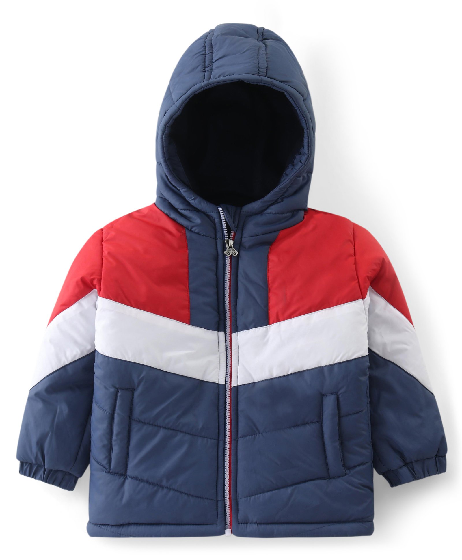 Babyhug Woven Full Sleeves Color Block Padded Hooded Jacket- Red & Navy Blue-picture-25