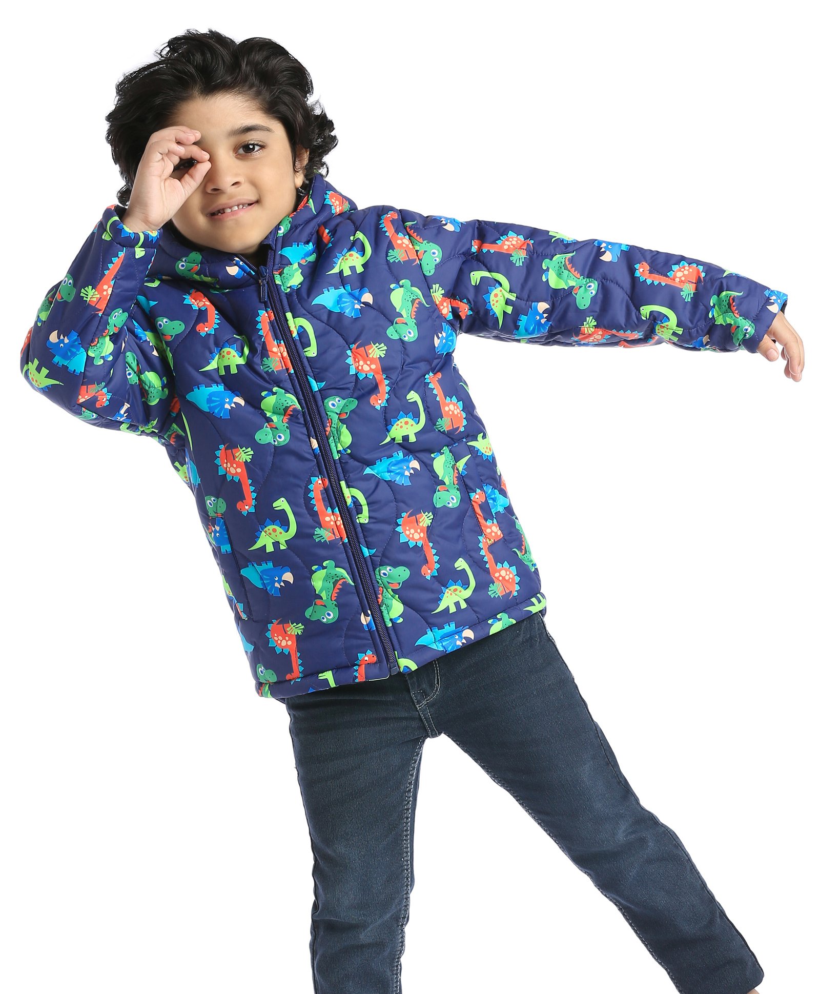 Babyhug Woven Full Sleeves Padded Hooded Jacket with Dino Print - Navy Blue-image-20