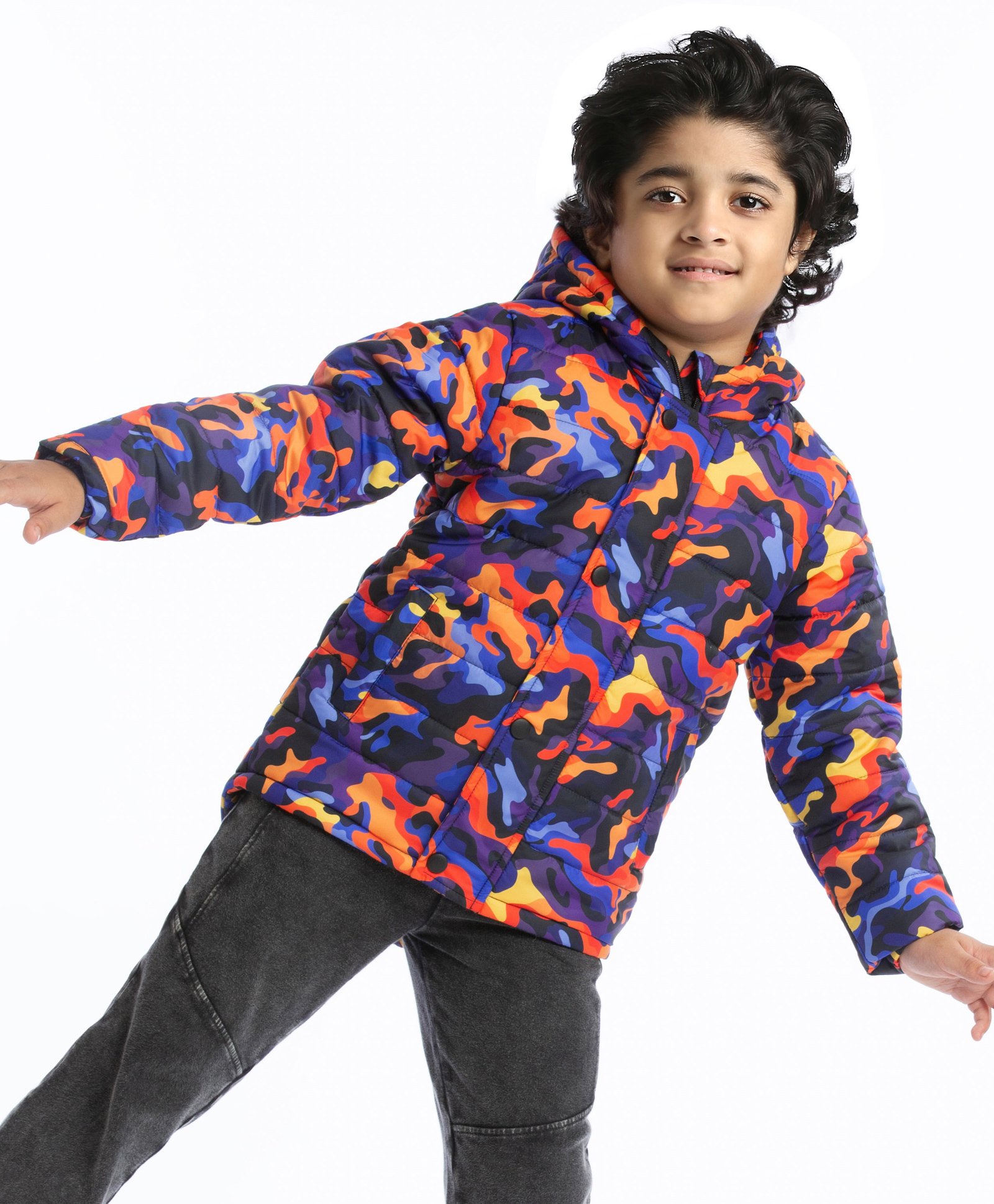 Babyhug Woven Full Sleeves Camouflage Print Padded Hooded Jacket- Blue & Orange-picture-11