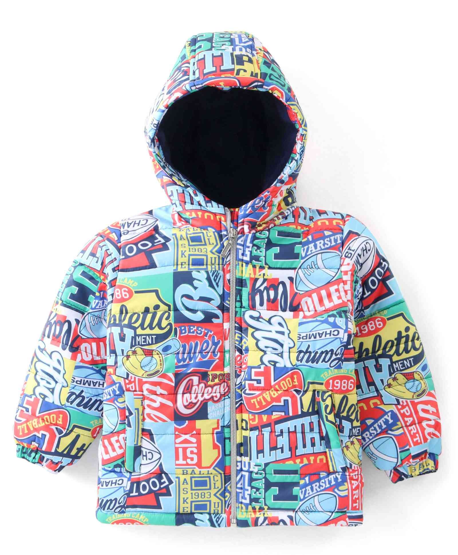 Babyhug Woven Full Sleeves Padded Hooded Jacket with Text Print - Multicolour-picture-13