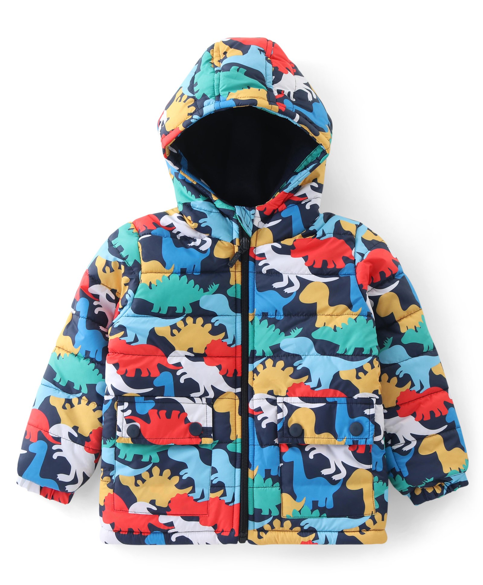 Babyhug Woven Full Sleeves Padded Hooded Jacket With Dino Print- Multicolor-picture-13