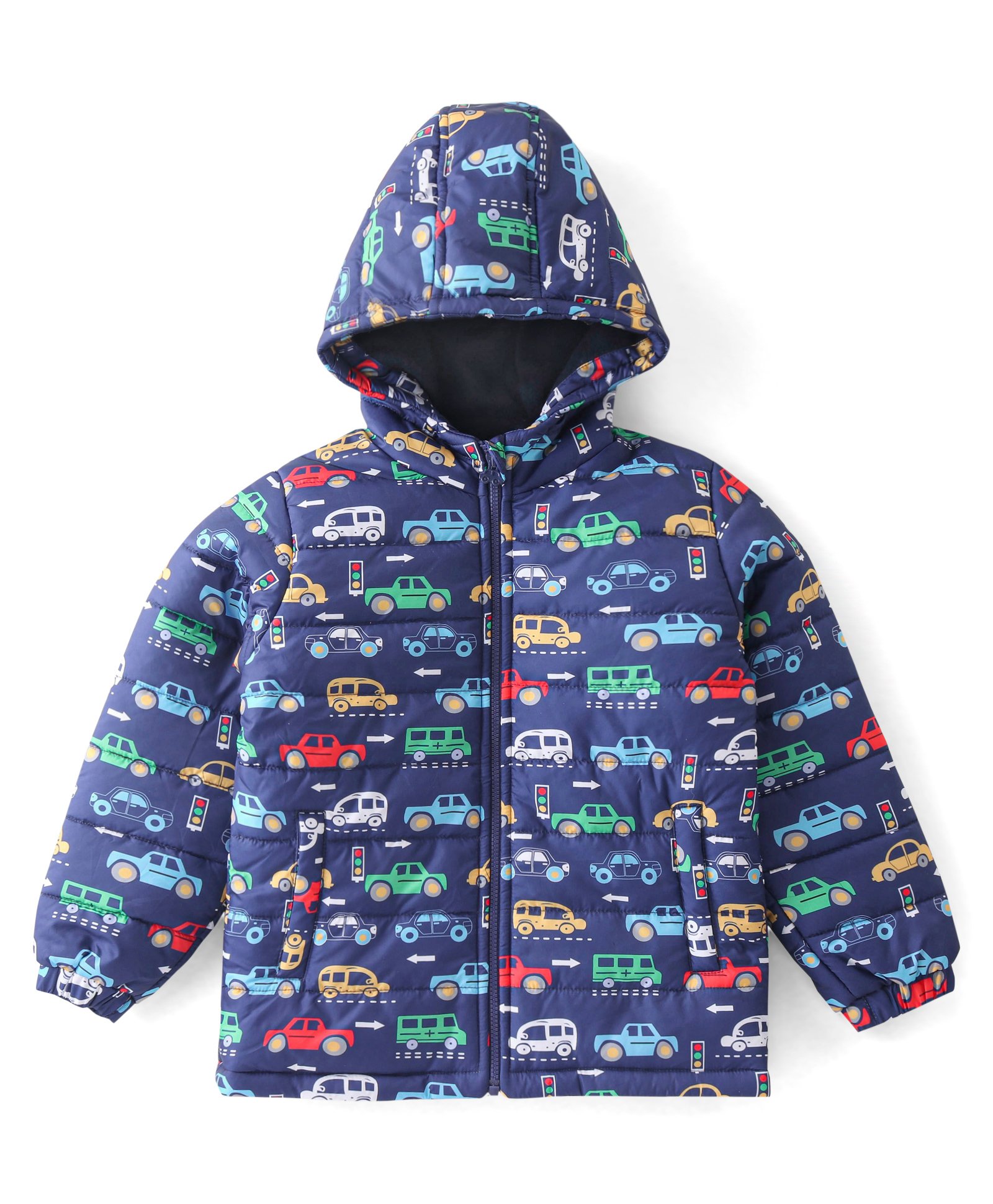 Babyhug Woven Full Sleeves Padded Hooded Jacket with Car Print - Navy Blue-picture-20