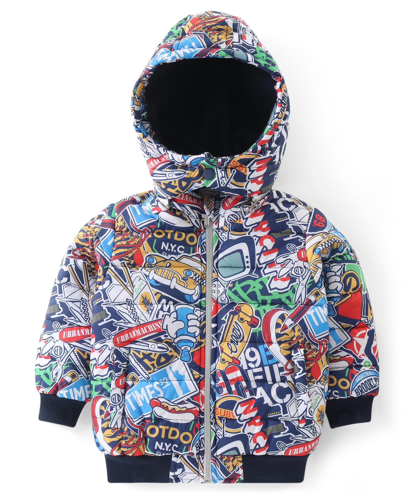 Babyhug Woven Full Sleeves Printed Padded Hooded Jacket- Multicolor-image-38
