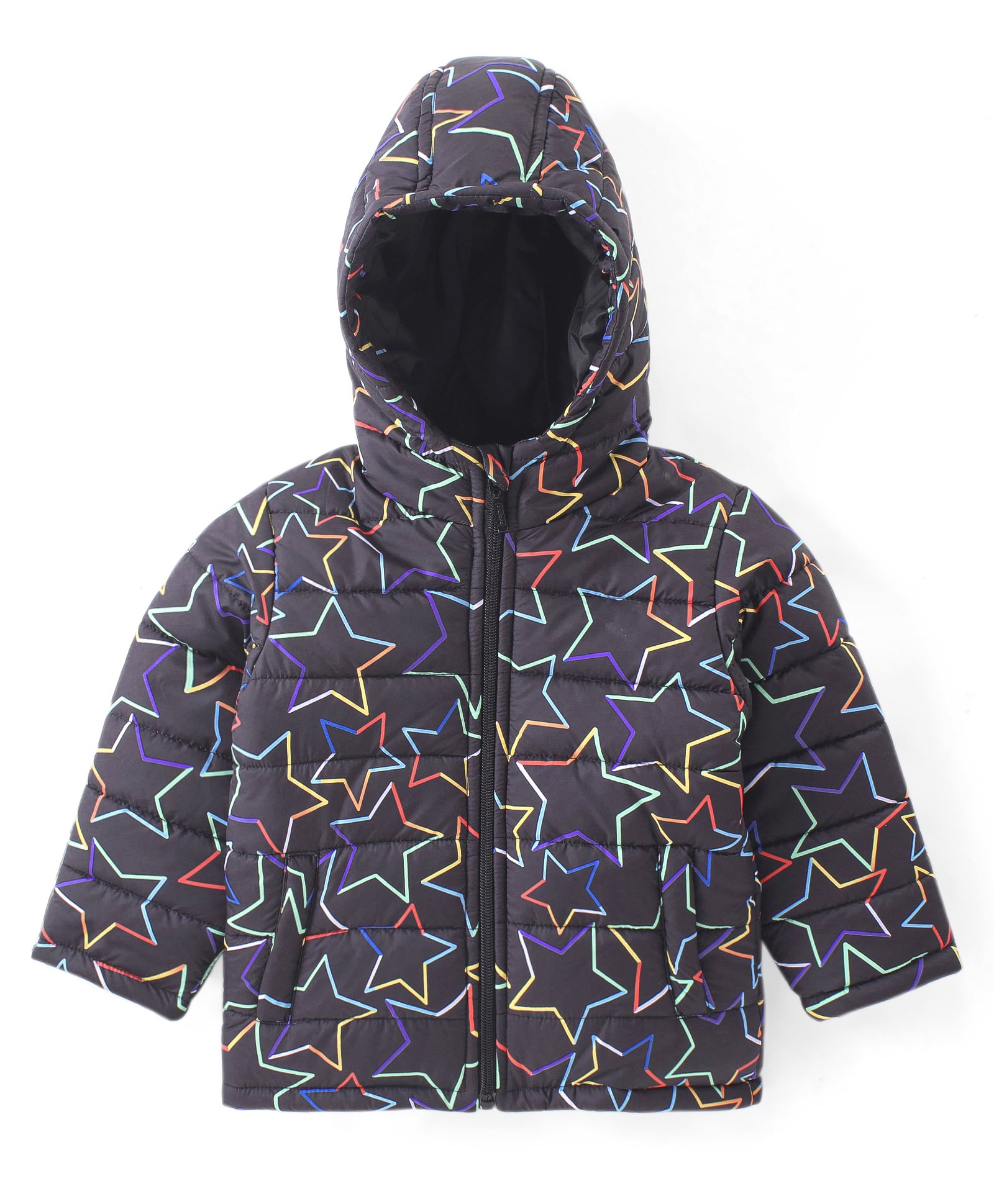 Babyhug Woven Full Sleeves Front Open Padded Hooded Jacket with Stars Print - Navy Blue-picture-28