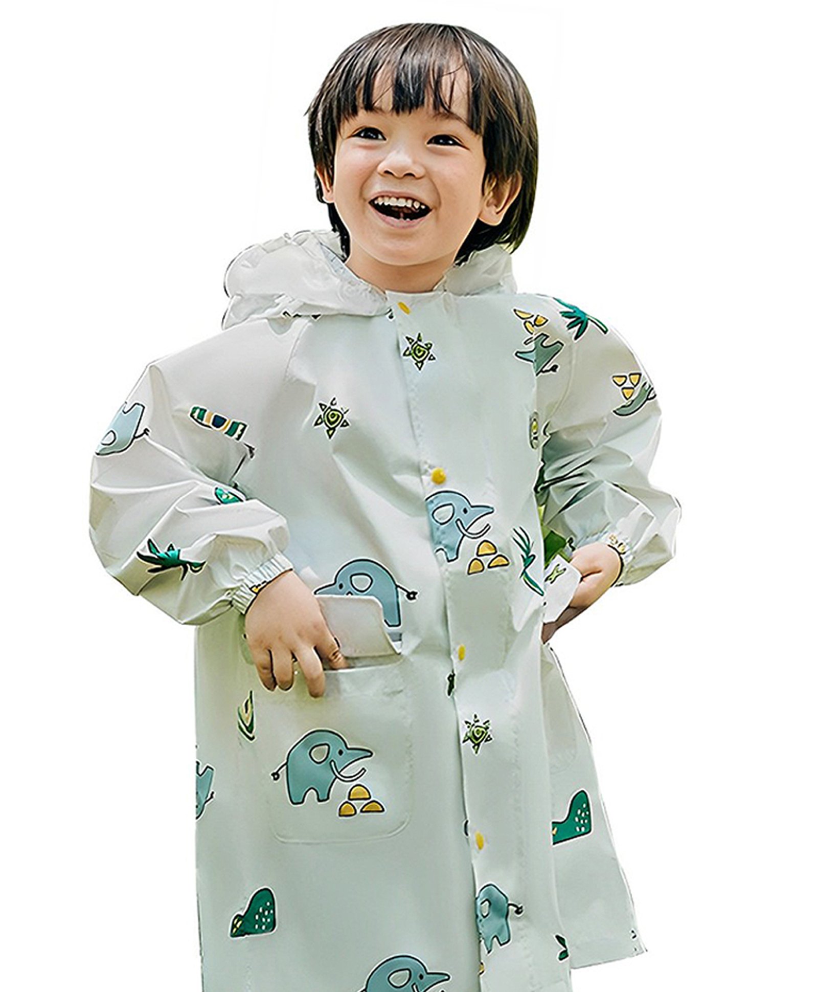 Little Surprise Box Full Sleeve Knee Length Hooded All Over Woodland Nature Print Raincoat - Cream-image-11