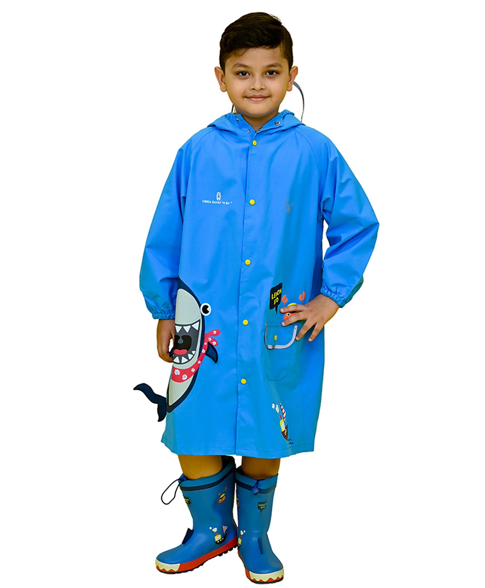 Little Surprise Box Full Sleeve Knee Length Hooded Shark Print Raincoat - Blue-picture-15