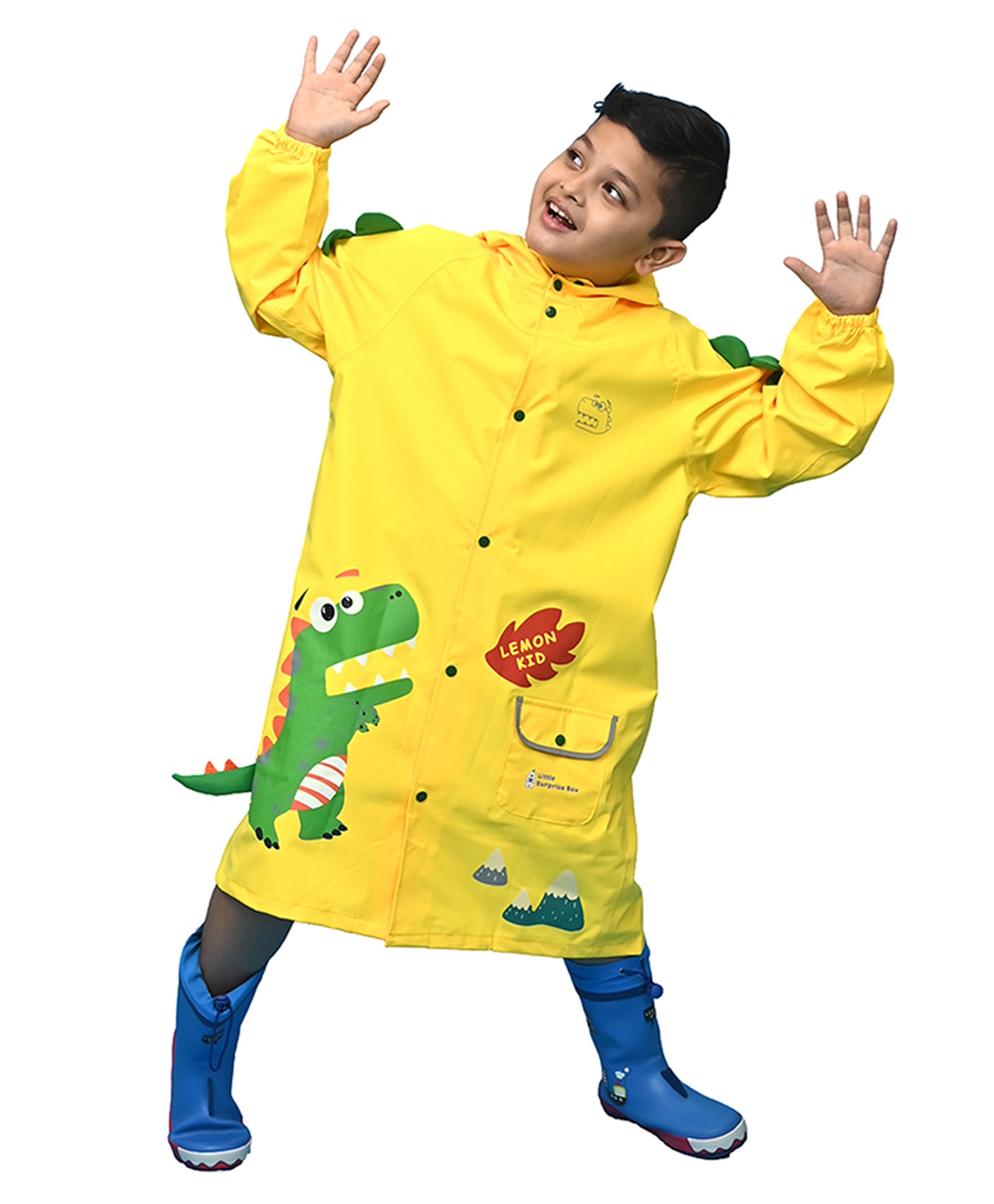 Little Surprise Box Full Sleeve Knee Length Hooded 3D Dino Print Raincoat - Yellow-picture-19