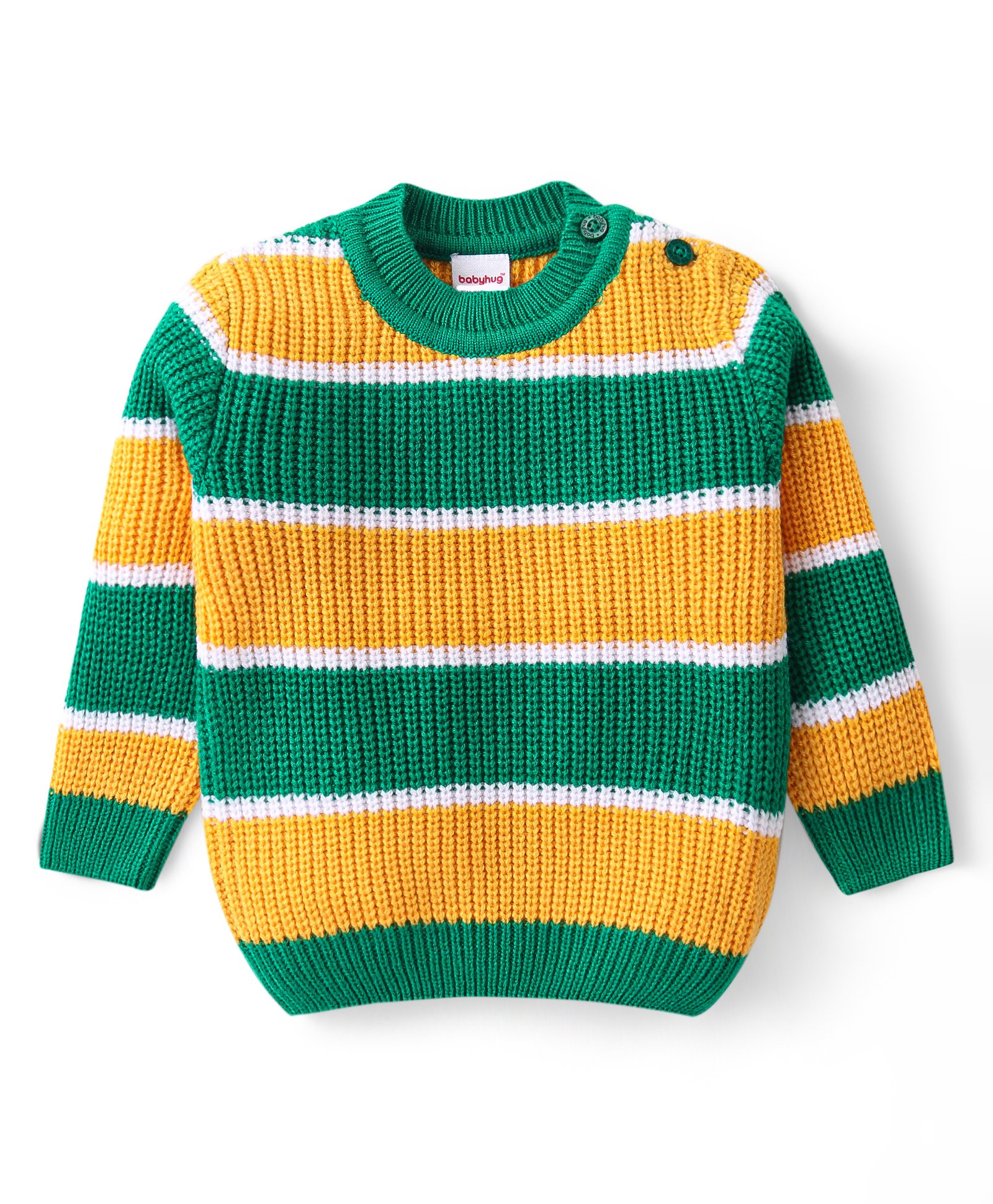 Babyhug Knitted Full Sleeves Pullovers Striped Sweater - Green & Yellow-image-23