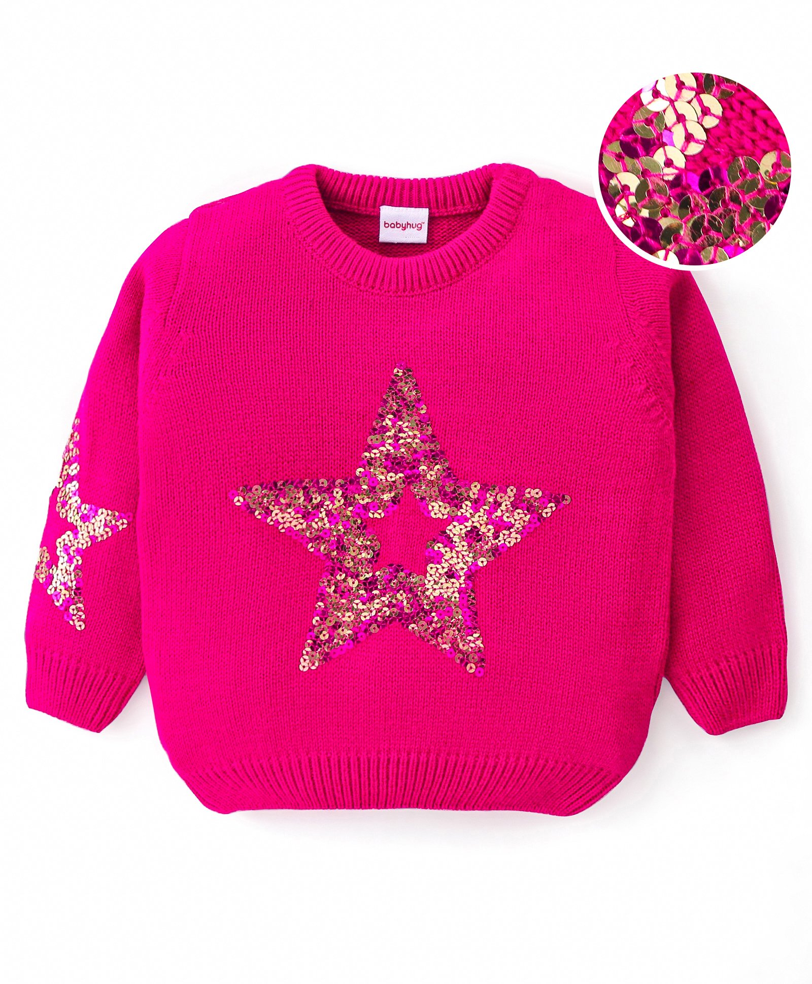 Babyhug Knitted Full Sleeves Pullover Sweater with Sequin Star Design - Fuchsia-picture-37