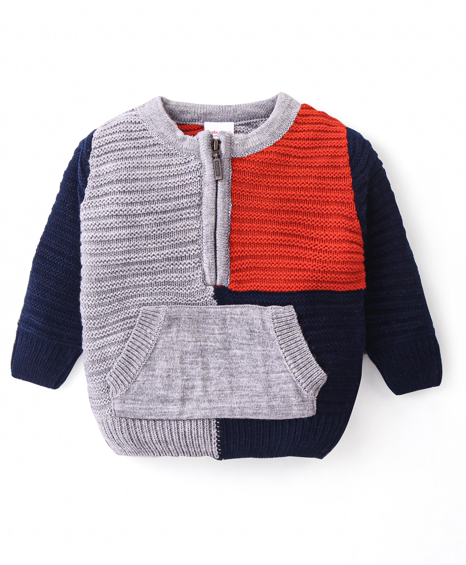 Babyhug Knitted Full Sleeves Pullover Sweater with Colour Block Design & Kangaroo Pocket - Multicolour-image-37
