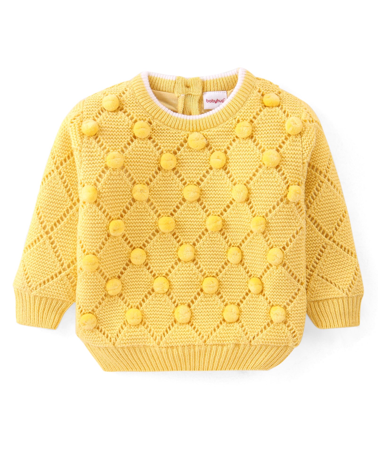 Babyhug Knitted Full Sleeves Pom Pom Designed Pullover Sweater - Yellow-image-24