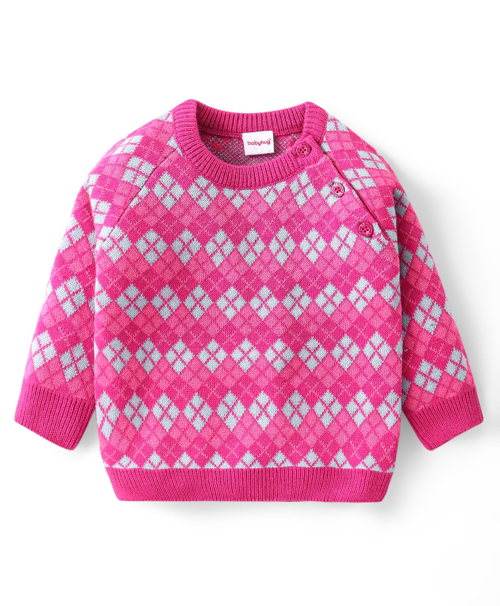 Babyhug Knitted Full Raglan Sleeves Pullovers Sweater With Argyle Design - Pink-image-40
