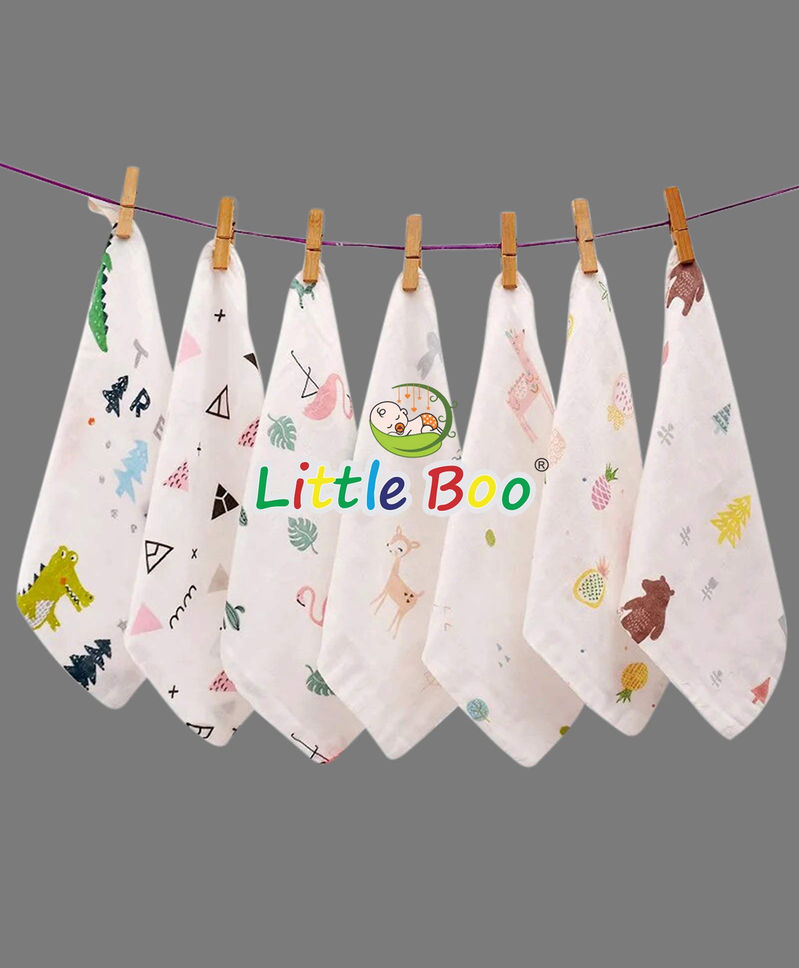 Littleboo Premium Double Layered Ultra Soft Muslin Cotton Wash Cloth / Napkin - Pack of 5(Colour & Print May Vary)
