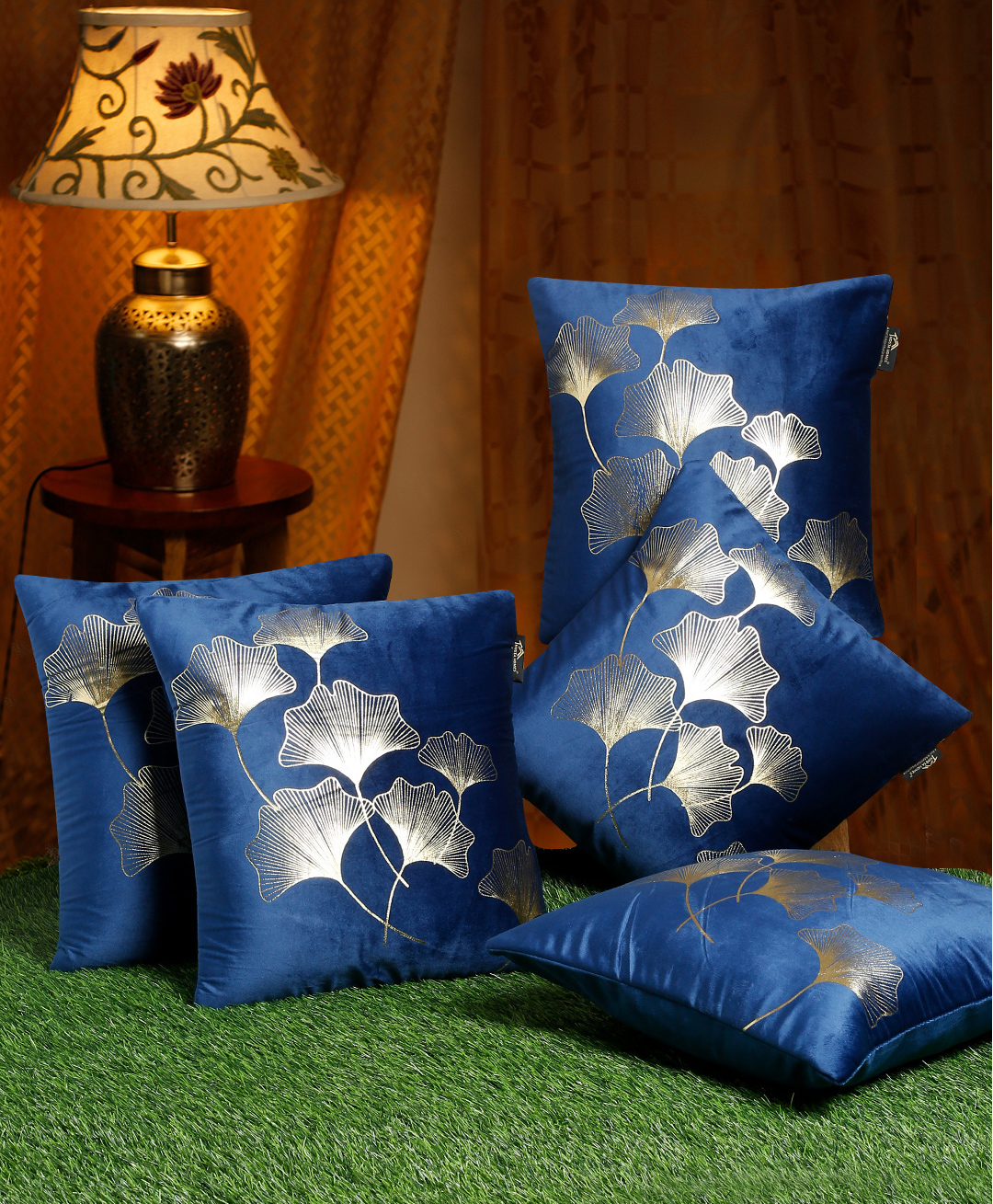 Hosta Homes Velvet Foil Printed Cushion Covers Pack of 5 Blue Gold-image-24