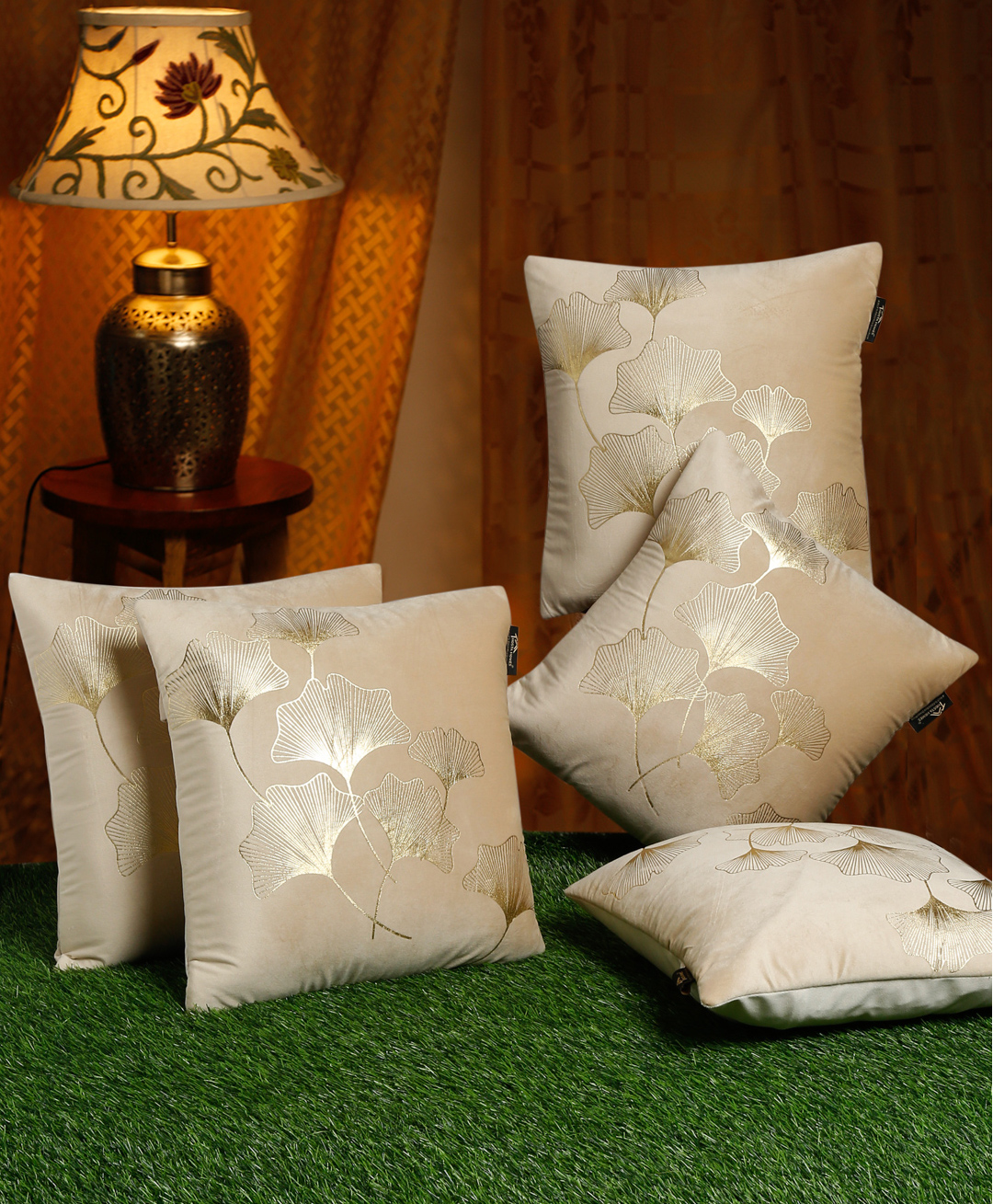 Hosta Homes Velvet Foil Printed Cushion Covers Pack of 5 Cream Gold-image-23