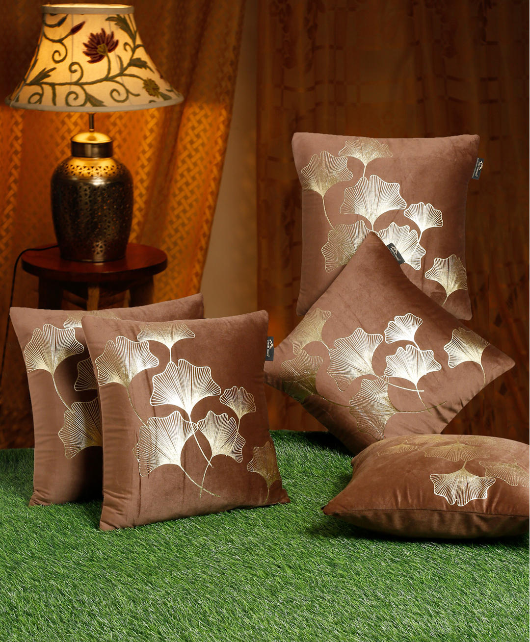 Hosta Homes Velvet Foil Printed Cushion Covers Pack of 5 Brown Gold-image-3