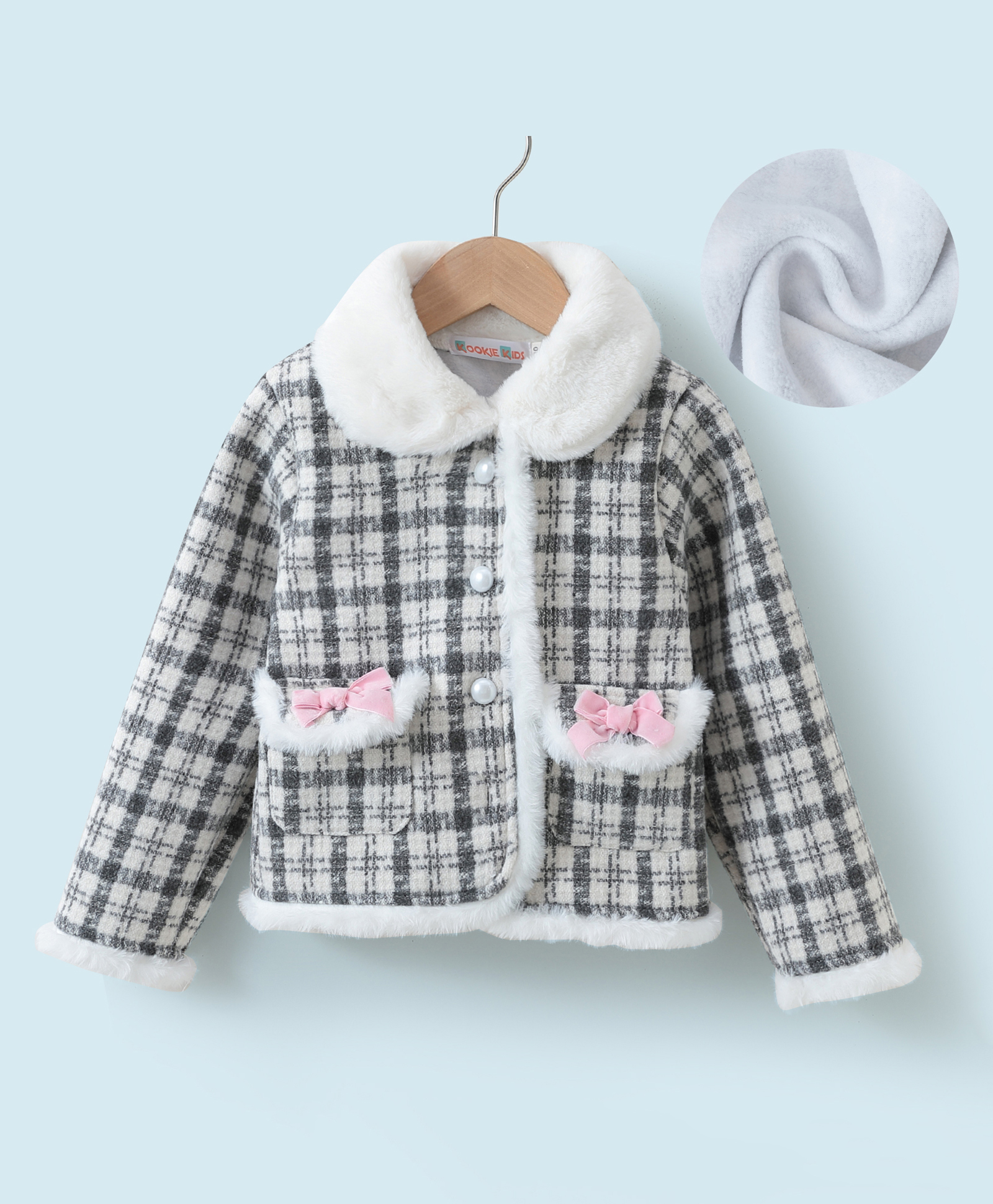 Kookie Kids Full Sleeves Collar Neck Checkered Winter Jacket With Bow Applique - Black & White-picture-11