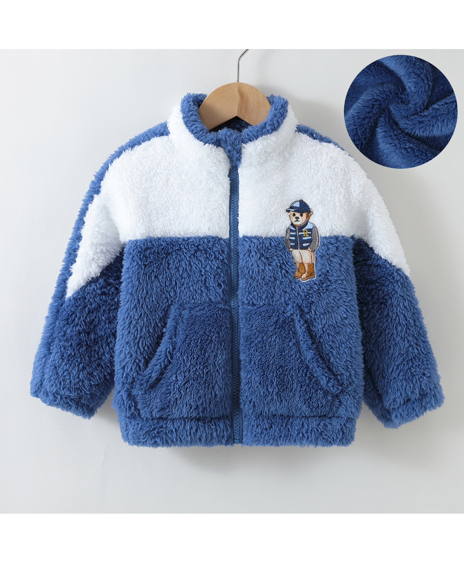 Kookie Kids Full Sleeves Front Open Fur Jacket With Colour Block Design & Bear Patch Detailing - Blue-picture-36