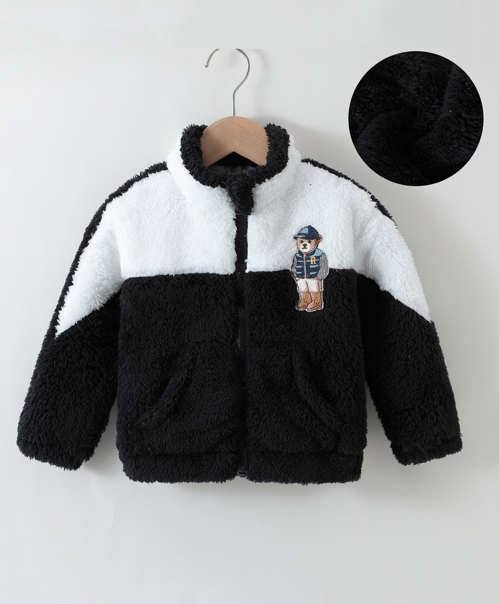 Kookie Kids Full Sleeves Front Open Fur Jacket With Colour Block Design & Bear Patch Detailing - Black-picture-29
