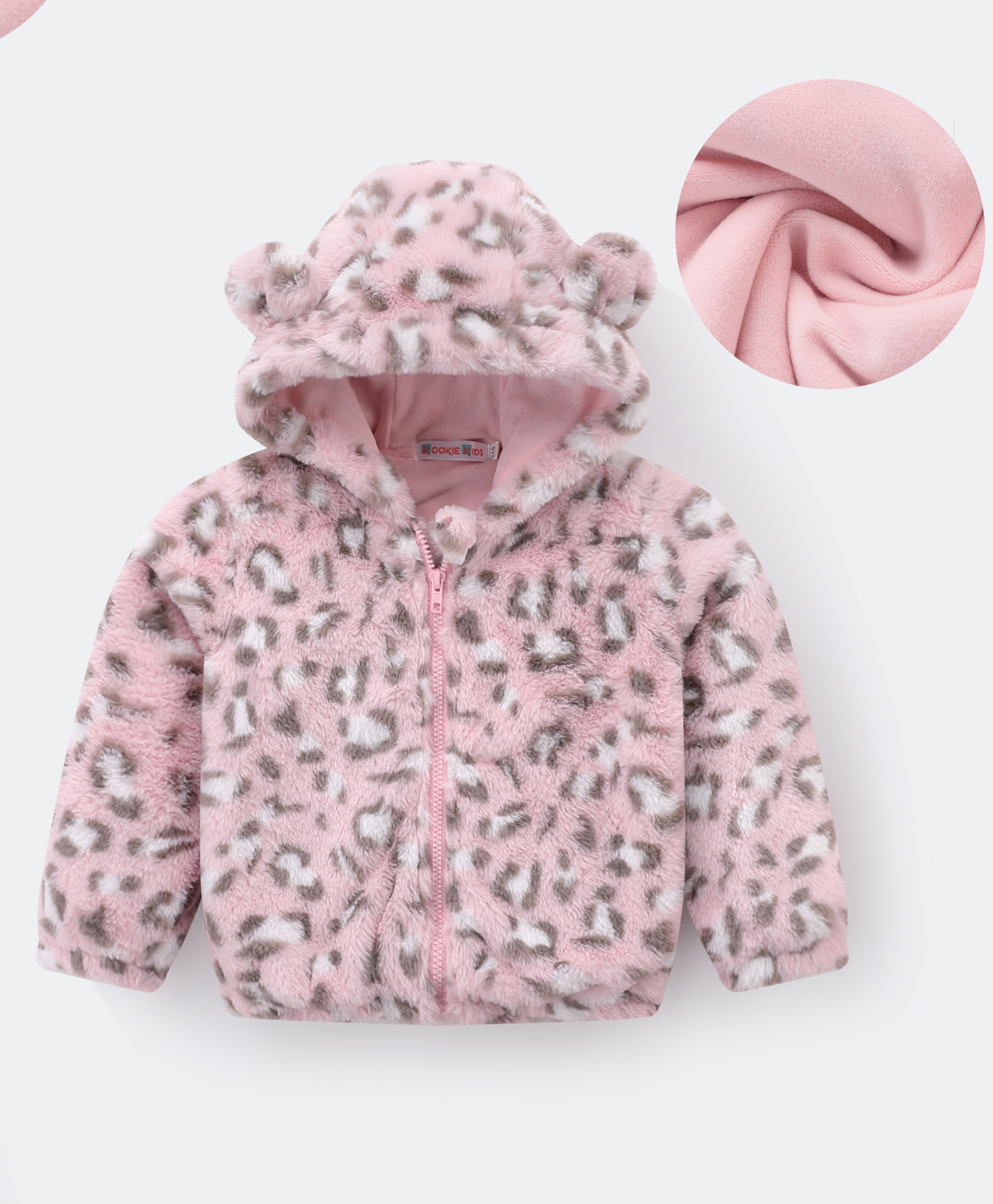 Kookie Kids Full Sleeves Front Open Hooded Fur Jacket with Cheetah Print Design & Ears Applique - Pink-image-44
