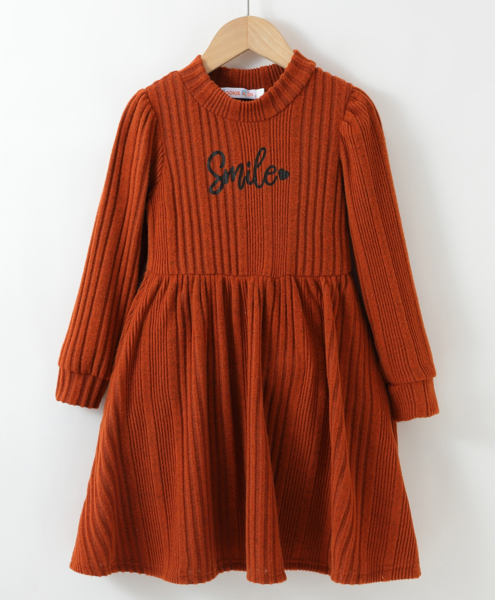 Kookie Kids Full Sleeves Winter Wear Party Frock with Text Print - Brown-picture-20