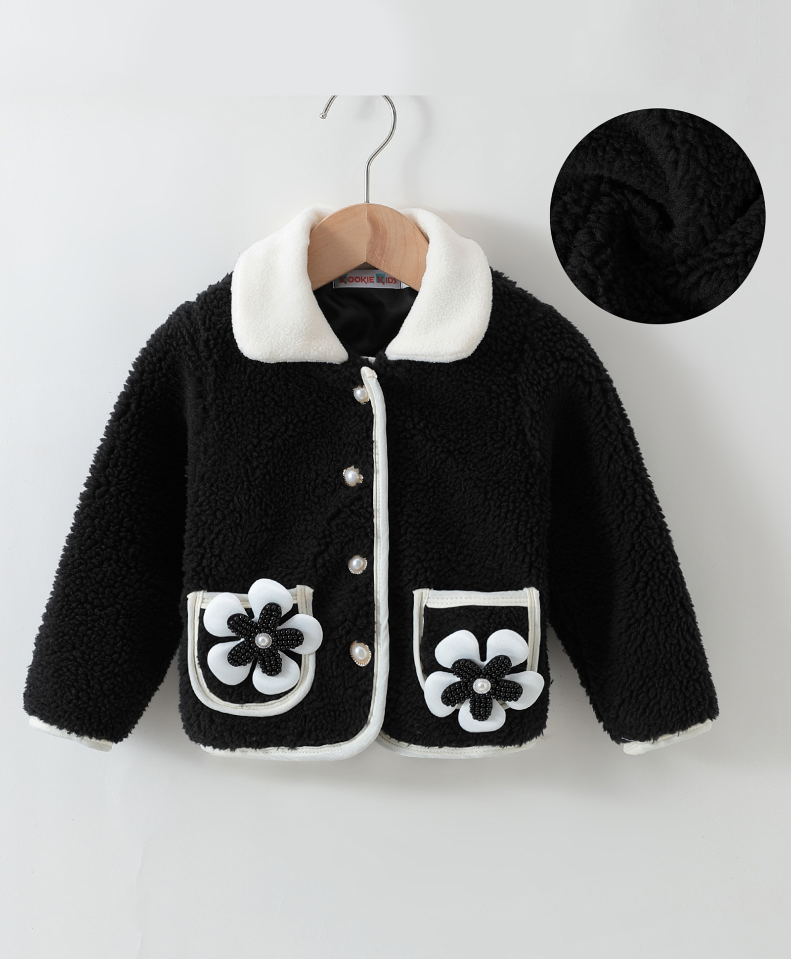Kookie Kids Full Sleeves Front Open Collar Neck Fur Winter Jacket With Floral Applique - Black-image-6