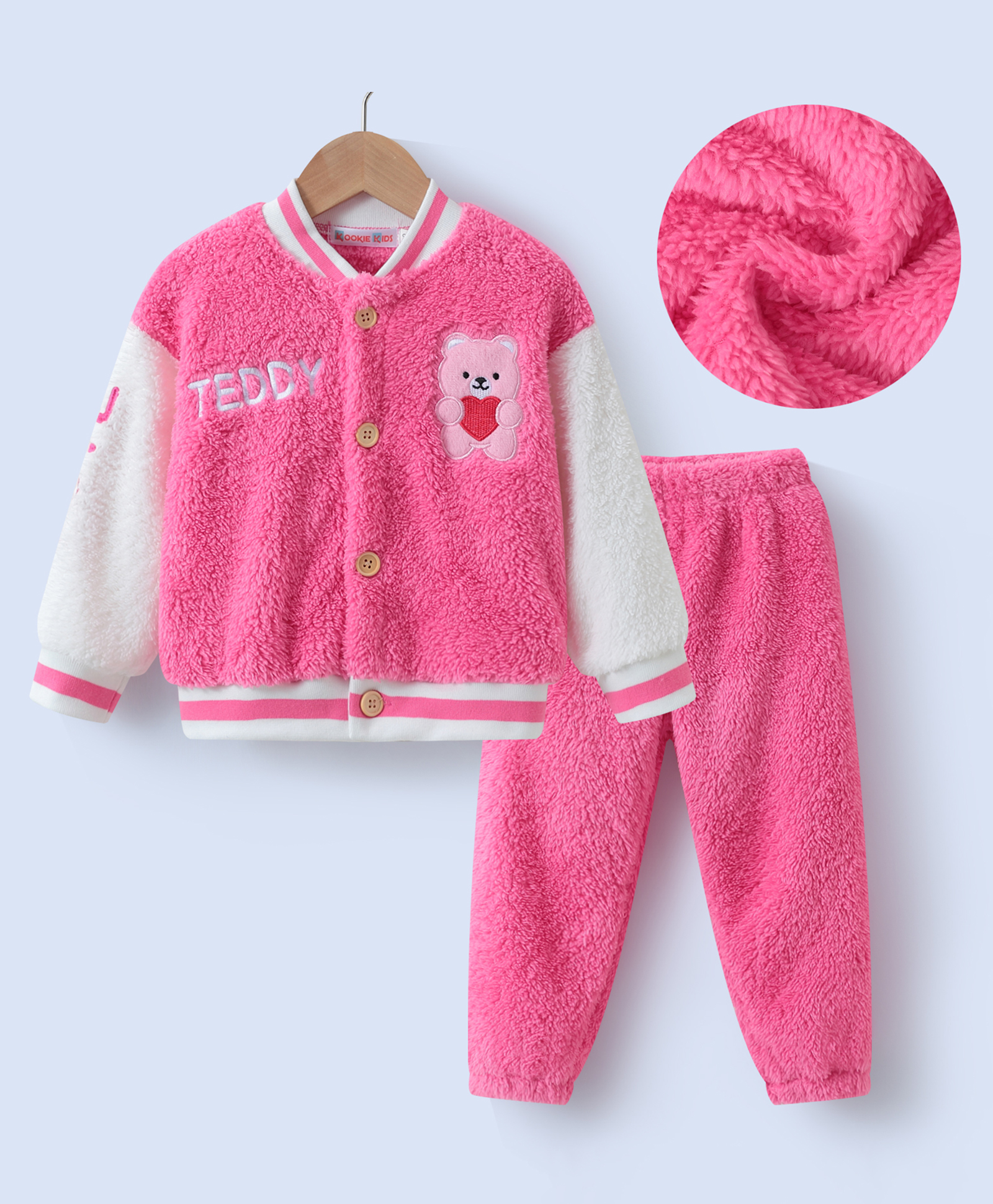Kookie Kids Full Sleeves Front Open Winter Wear Suit With Teddy Embroidery - Pink-image-25