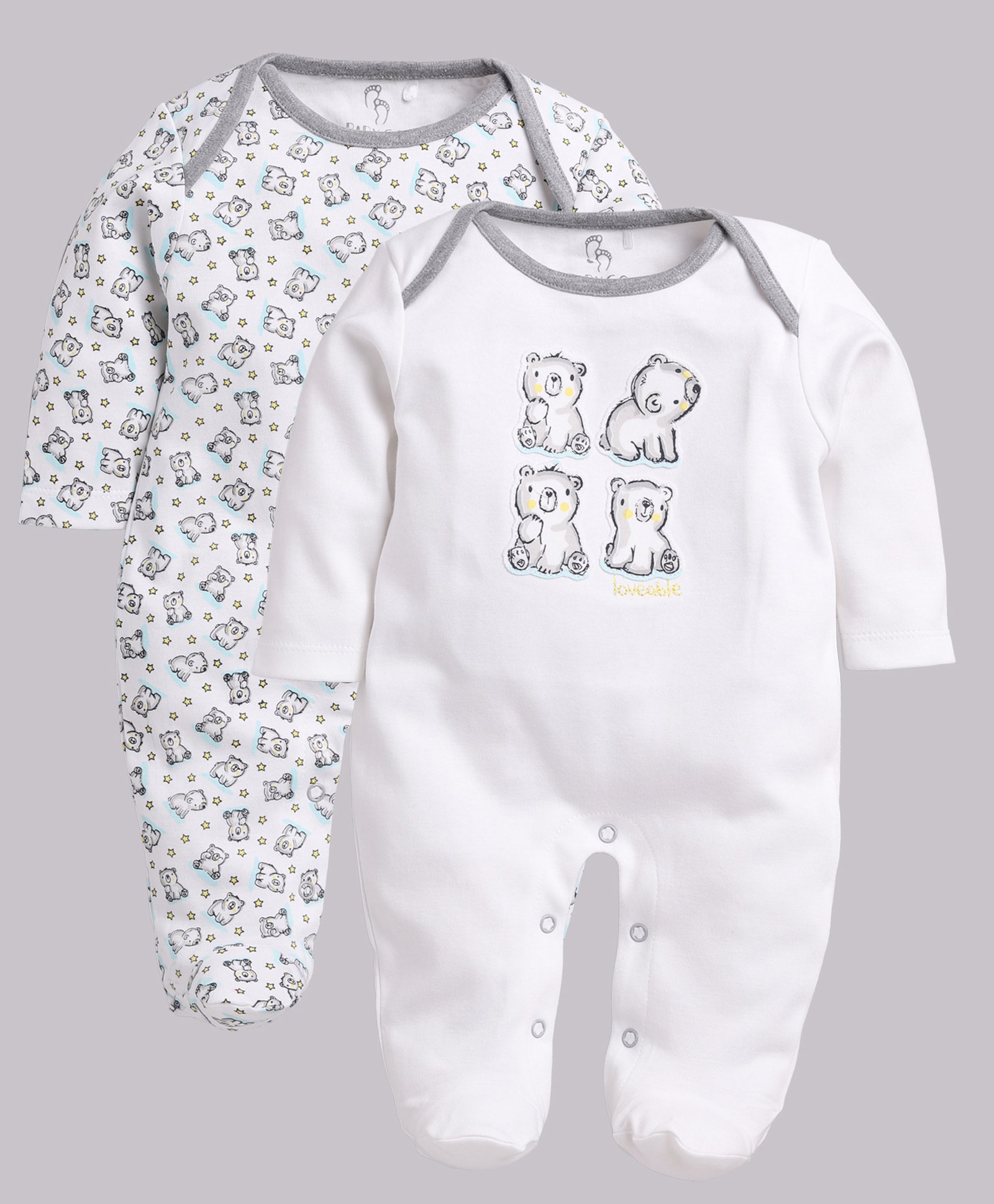 BABY GO Pack of 2 Full Sleeves  Teddy Bear Printed Footed Rompers - White Melange-image-43