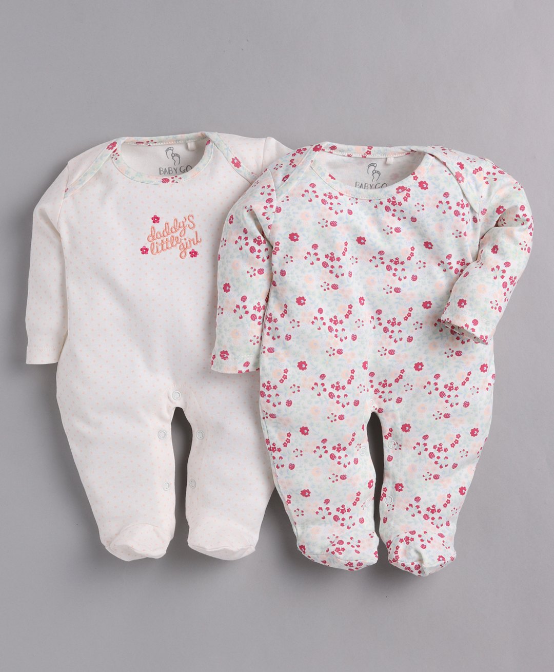 BABY GO Pack Of 2 Full Sleeves Floral Printed Footed Rompers - Peach-picture-0