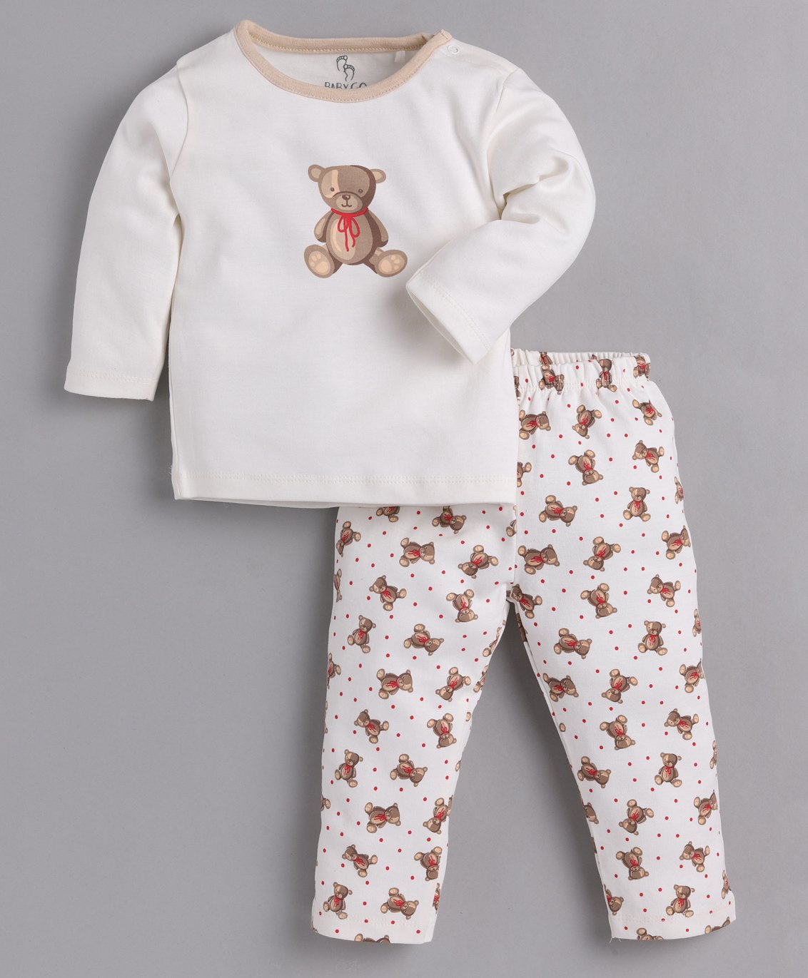 BABY GO Cotton Knit Full Sleeves  Bear Printed Tee & Pant Set -  Beige-picture-20