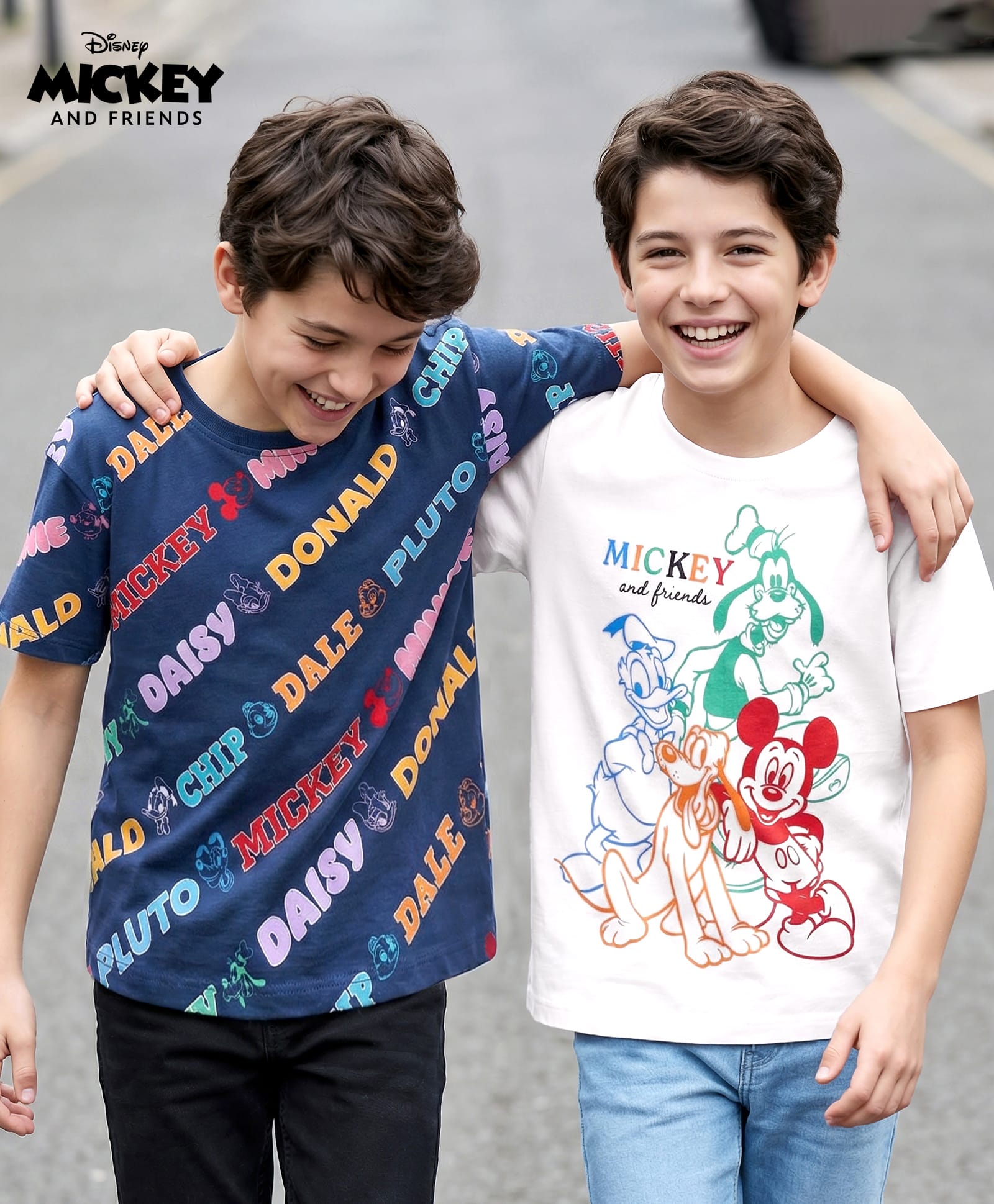 HoneyHap Disney Cotton Knit Drop Shoulder Half Sleeves T-Shirts with Mickey Mouse Graphics Pack of 2 - Navy Blue & White-image-13