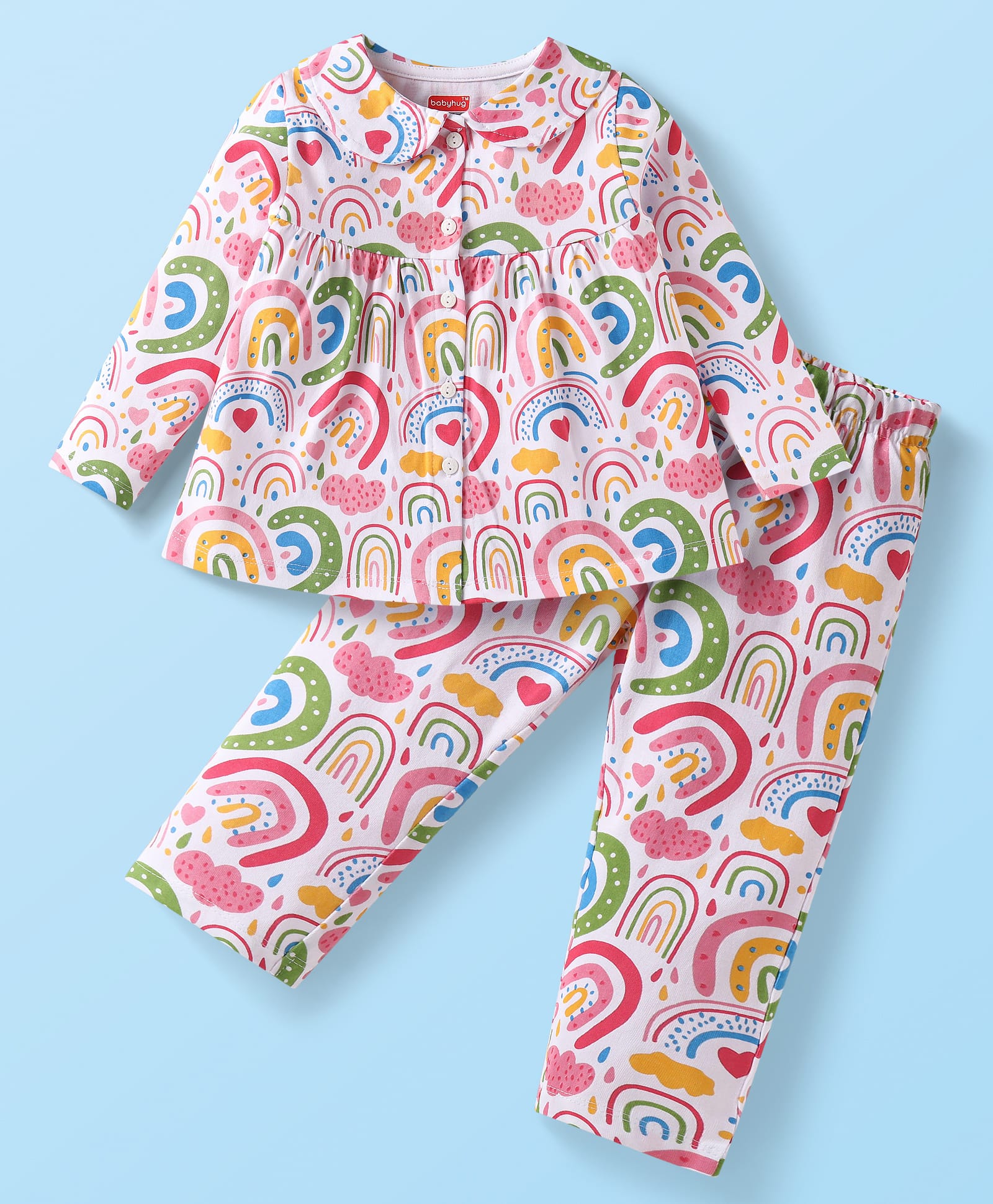 Babyhug Cotton Knit Full Sleeves Peter Pan Collared Night Suit With Rainbow ThemePrint - Pink & White-image-8